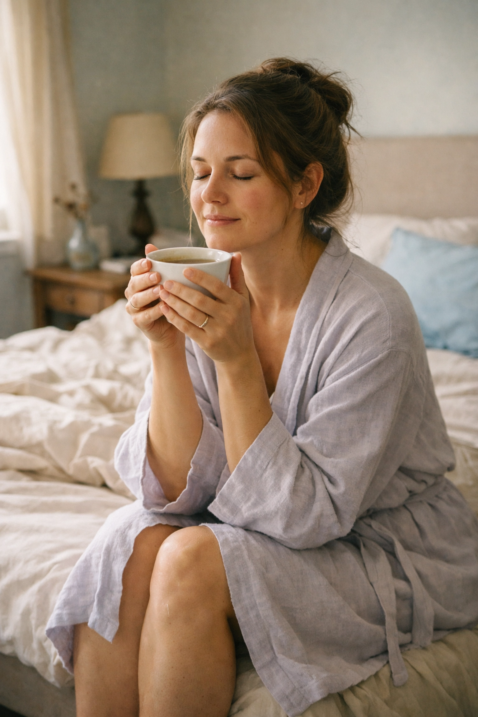 Madre tomando un respiro con té - autocuidado en la maternidad consciente