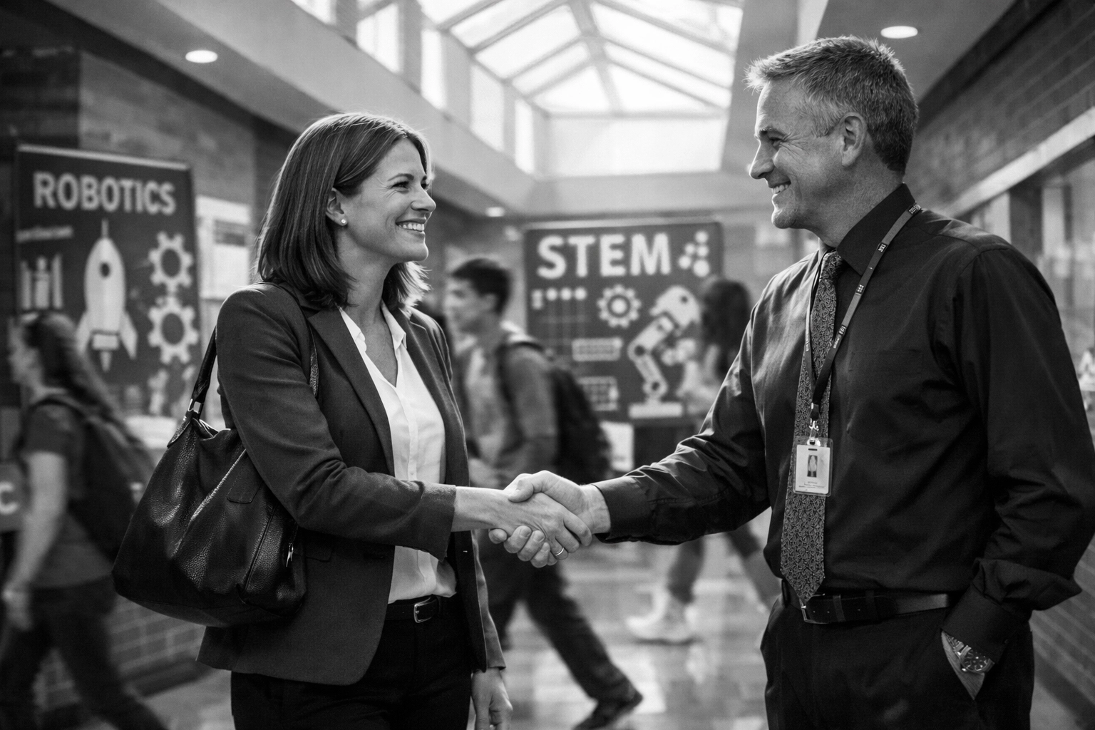 Business professional partnering with high school principal for talent development program