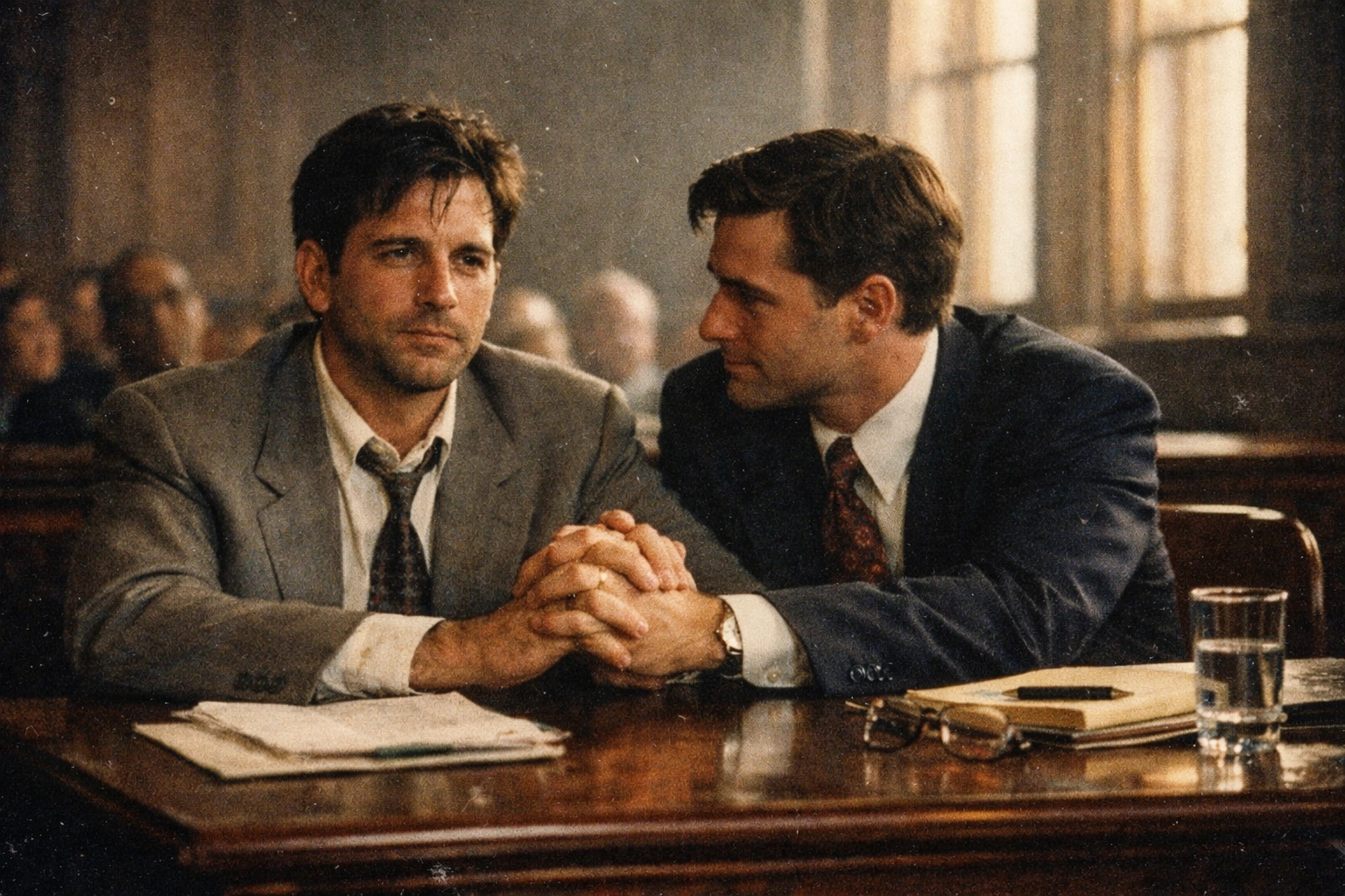 Gay men in a 1990s courtroom showing solidarity, reflecting themes from the film Philadelphia.