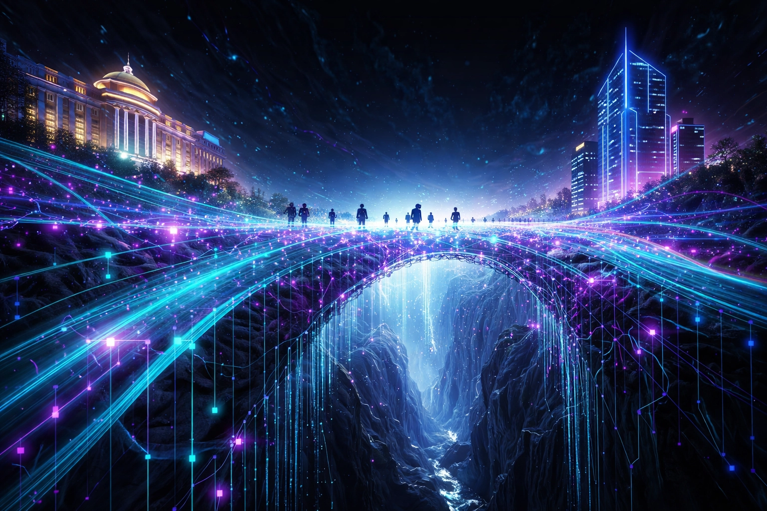 A digital bridge of data links a university and a corporate tower, representing AI bridging the campus-to-career gap.