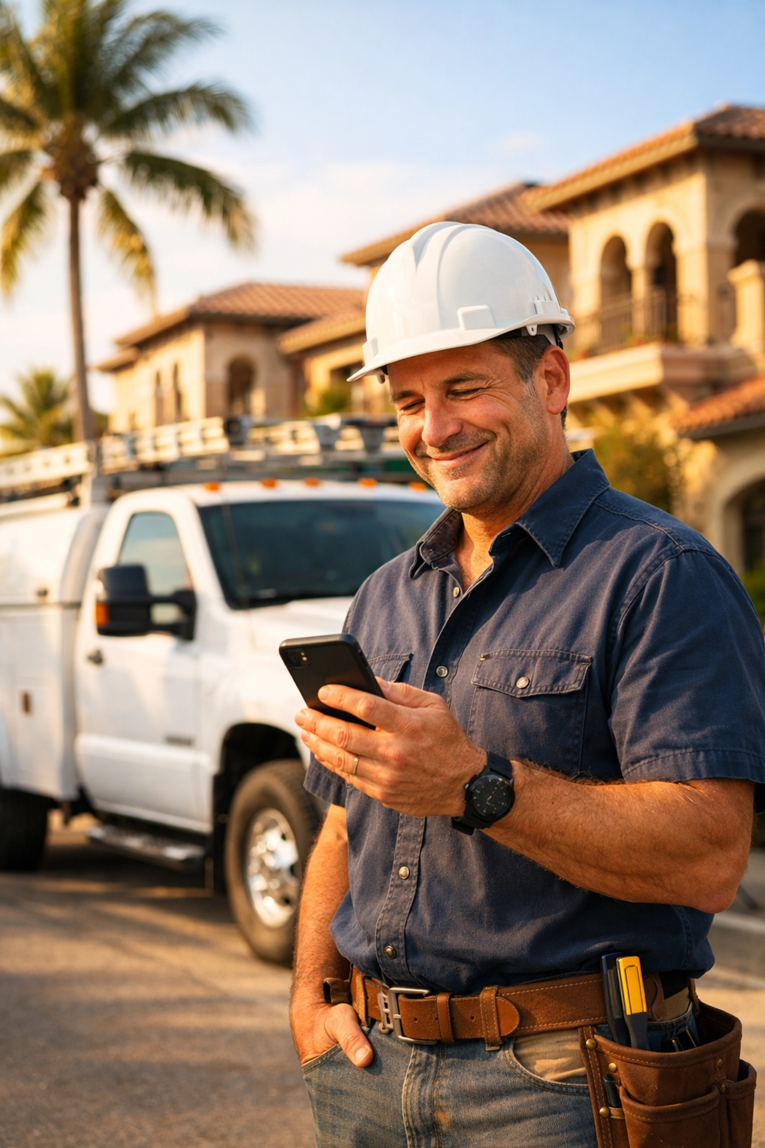 Venice FL contractor checking Google Maps leads on a smartphone in front of a service truck.