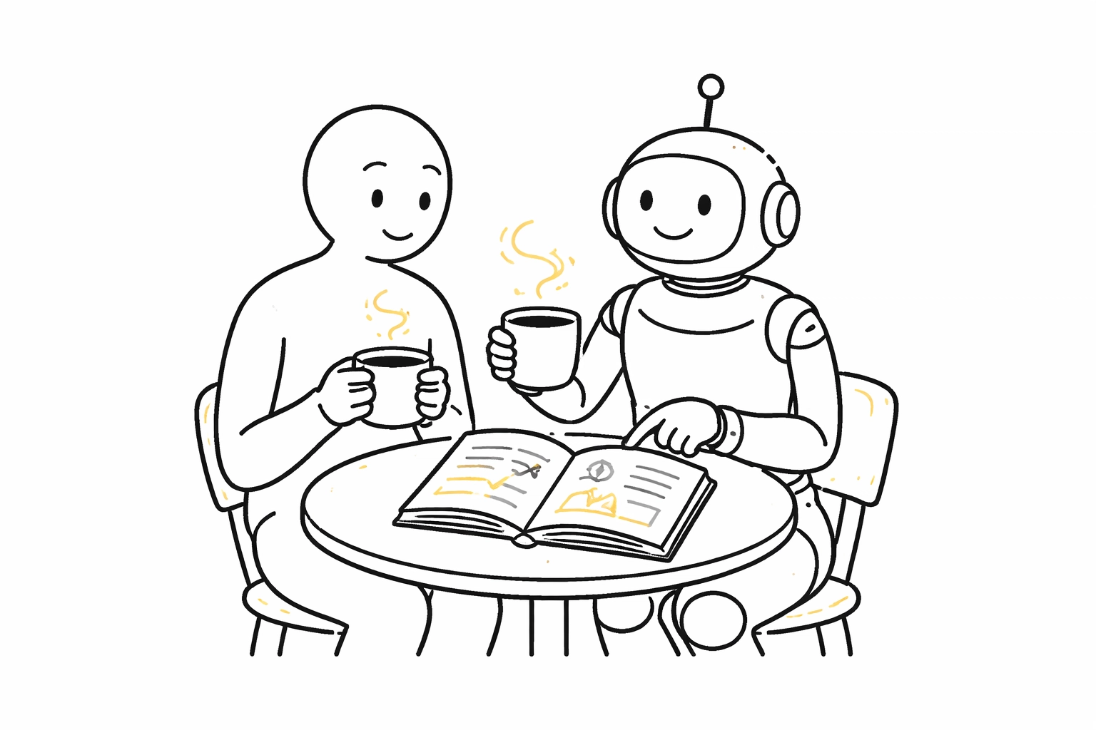 Human and robot sharing coffee and ideas at a café table, reflecting learning and collaboration in marketing
