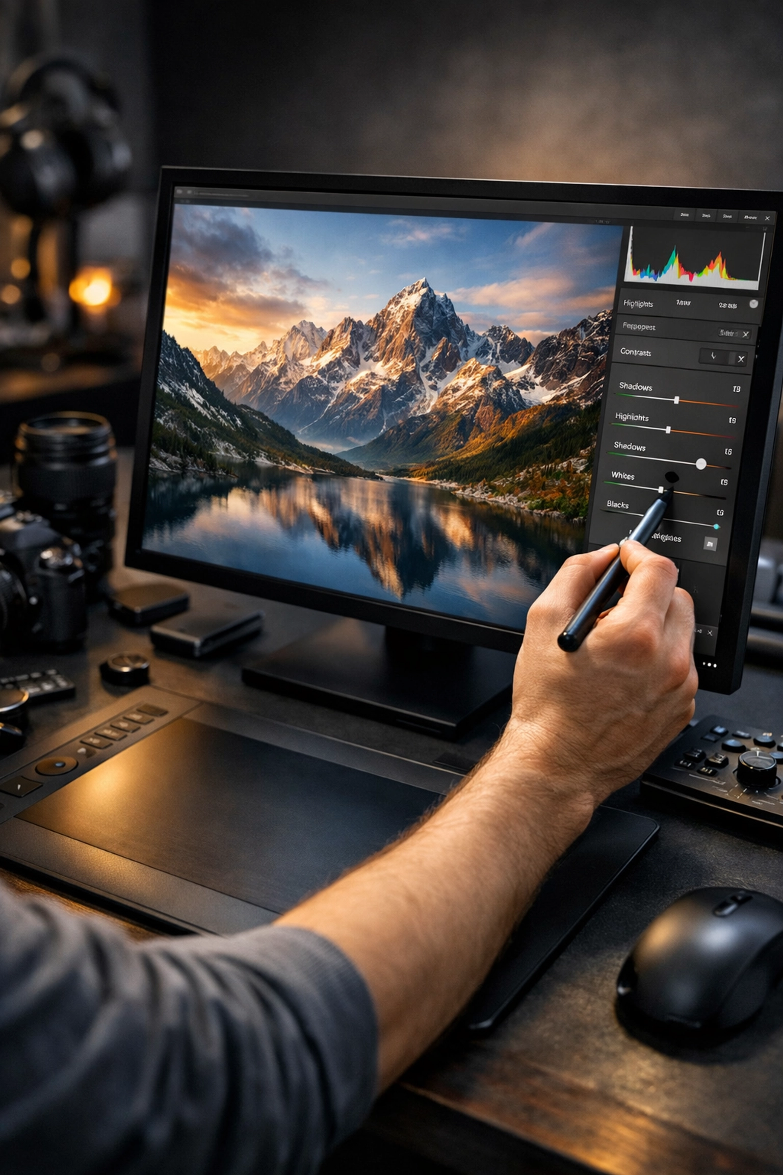 Photographer adjusting a mountain landscape in a digital darkroom to avoid photo editing mistakes.