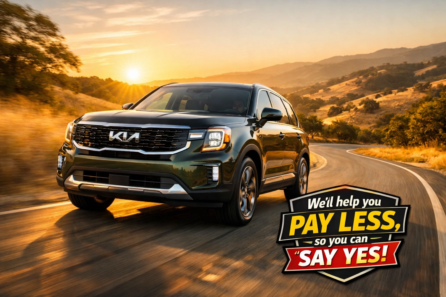 A 2026 Kia Telluride driving through scenic Northern California hills near Sacramento and Elk Grove.