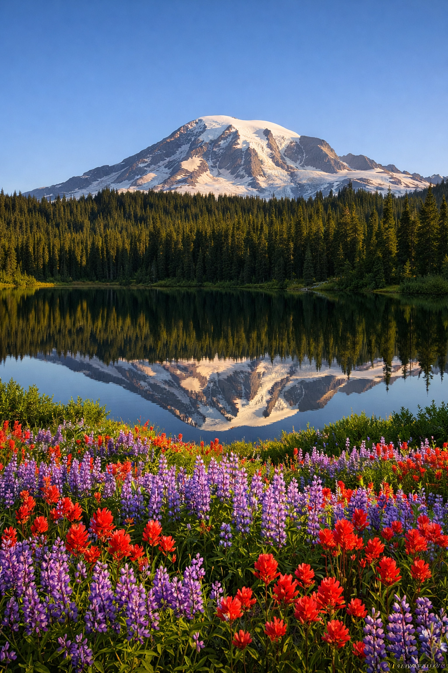 Mount Rainier peak reflected in a calm lake with purple wildflowers, perfect for landscape photography.
