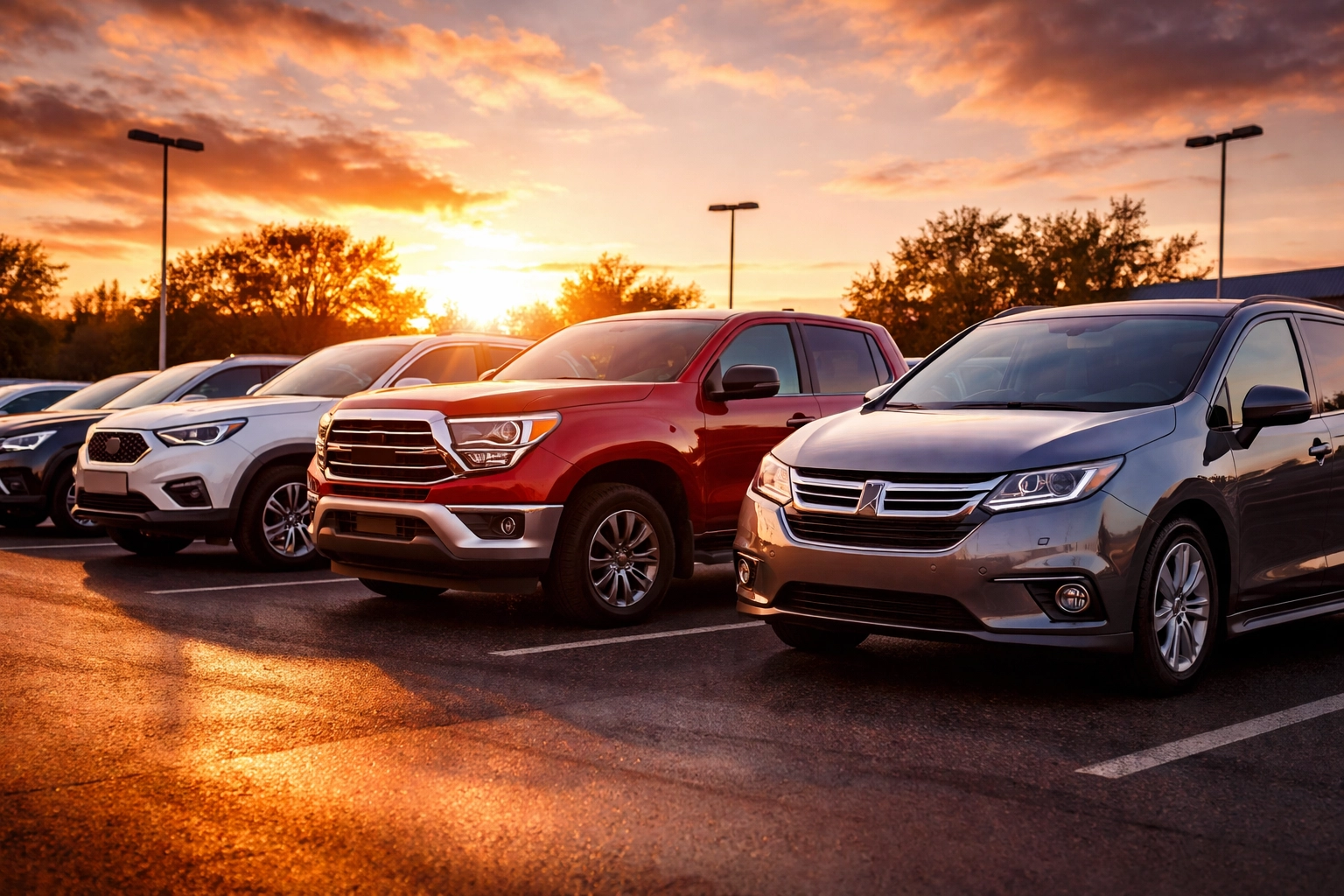 Lineup of sedans, SUVs, trucks, and minivans at Roseville Kia lot at sunset, showcasing vehicle selection and variety