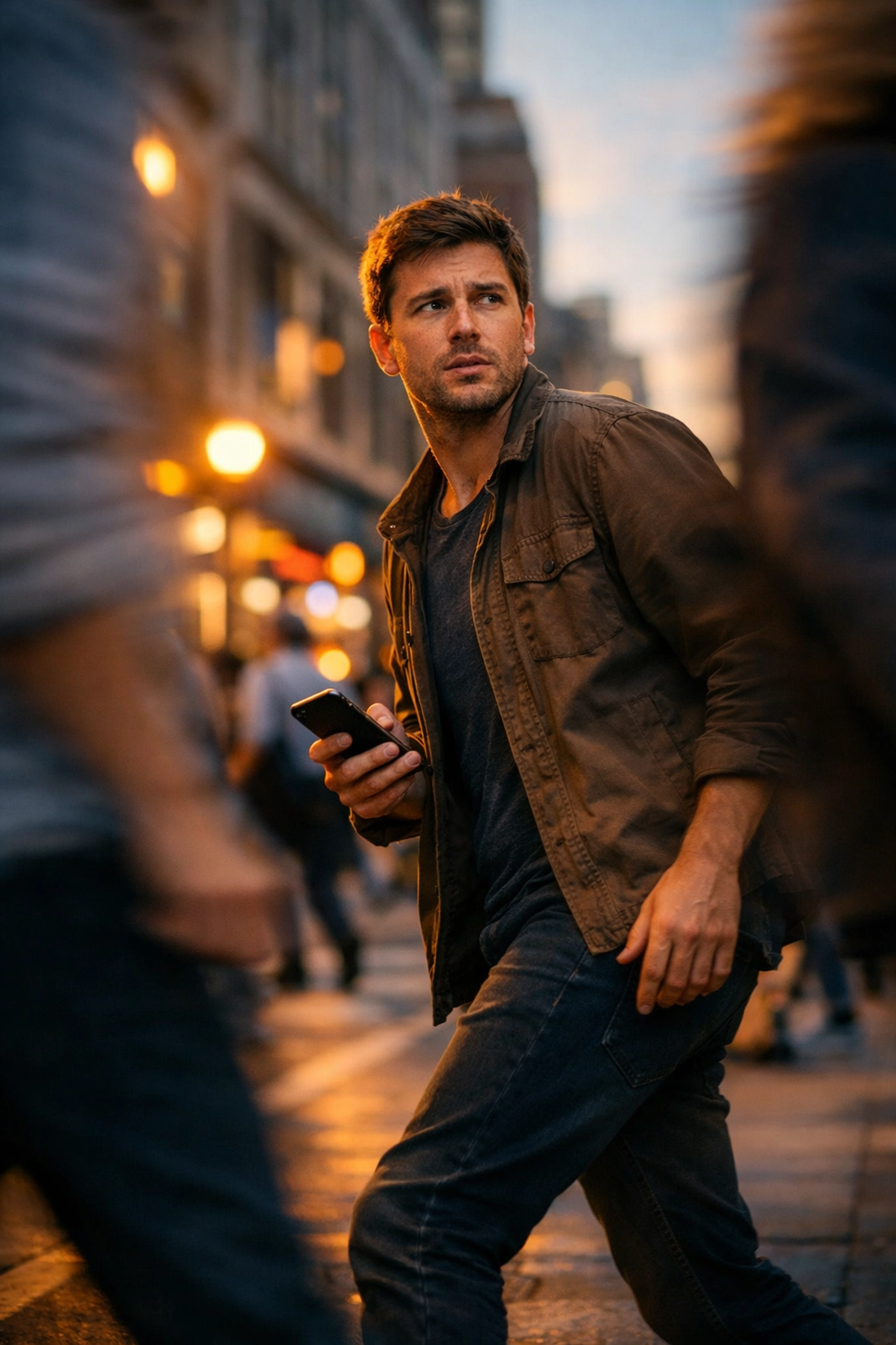 Person pausing on busy sidewalk choosing to help someone in need