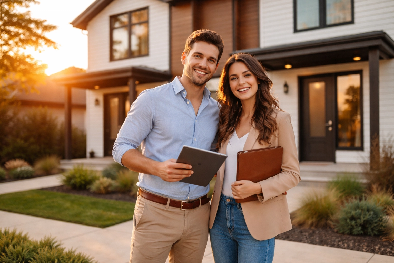 Photorealistic photo of a young professional couple smiling outside a modern duplex in a suburban neighborhood, holding a folder and celebrating their first investment property