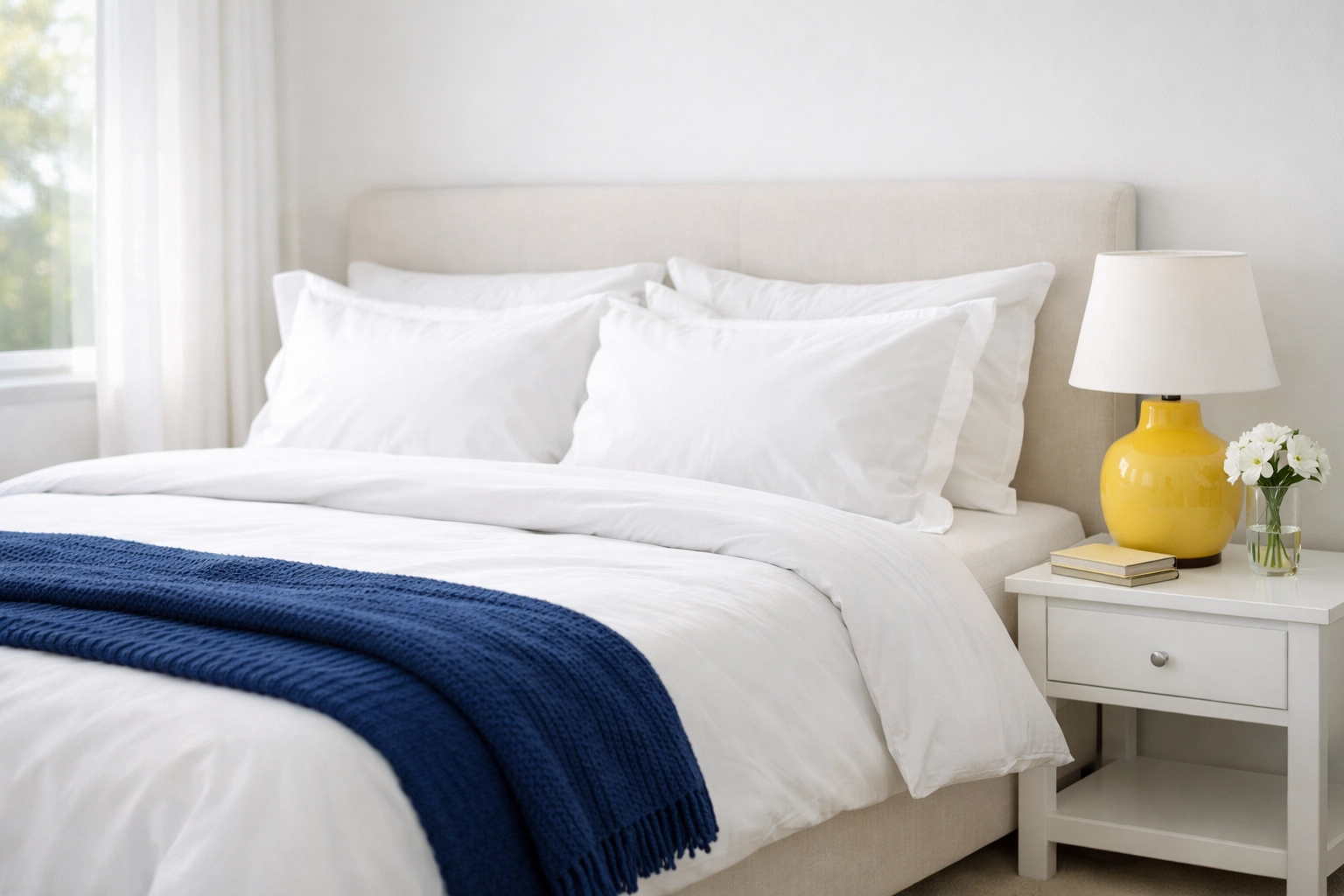 A serene, professionally cleaned master bedroom highlighting top-rated house cleaning services near me.