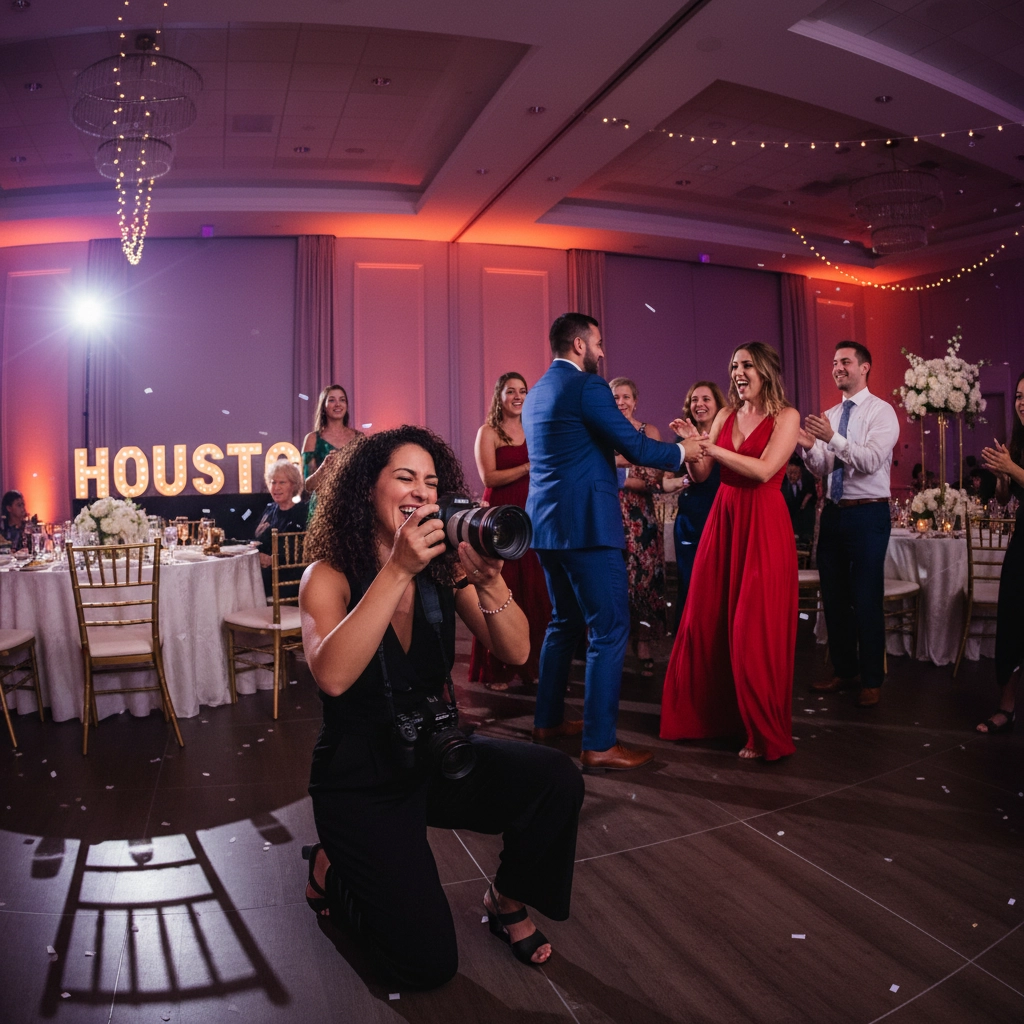 Photographer kneeling, capturing a smiling couple dancing in a ballroom. Guests in the background, warm lighting, "Houston" sign visible.