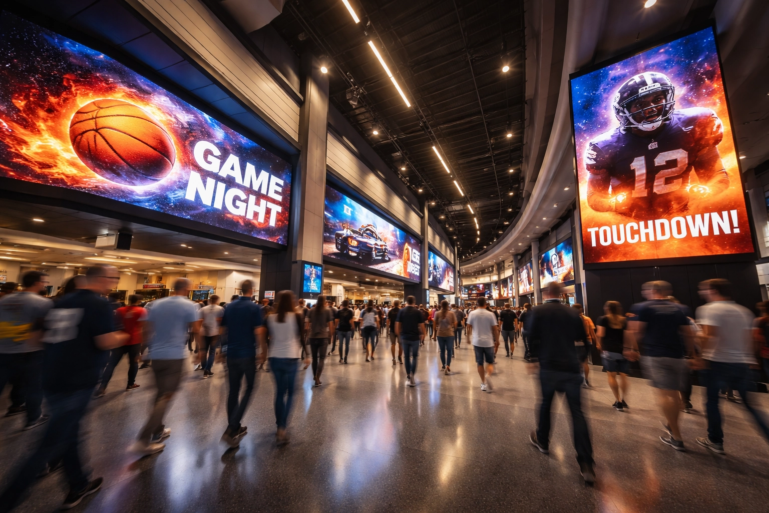 Digital signage displays in a modern sports arena concourse engaging fans with dynamic venue marketing content
