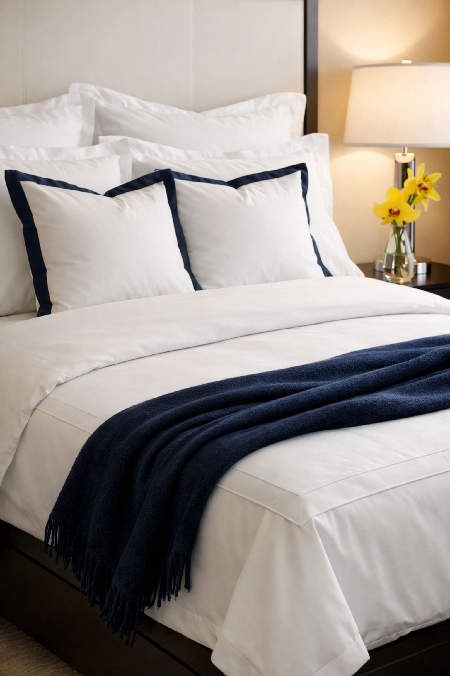 Expertly made bed with crisp linens in a master suite by Canton house cleaning professionals.