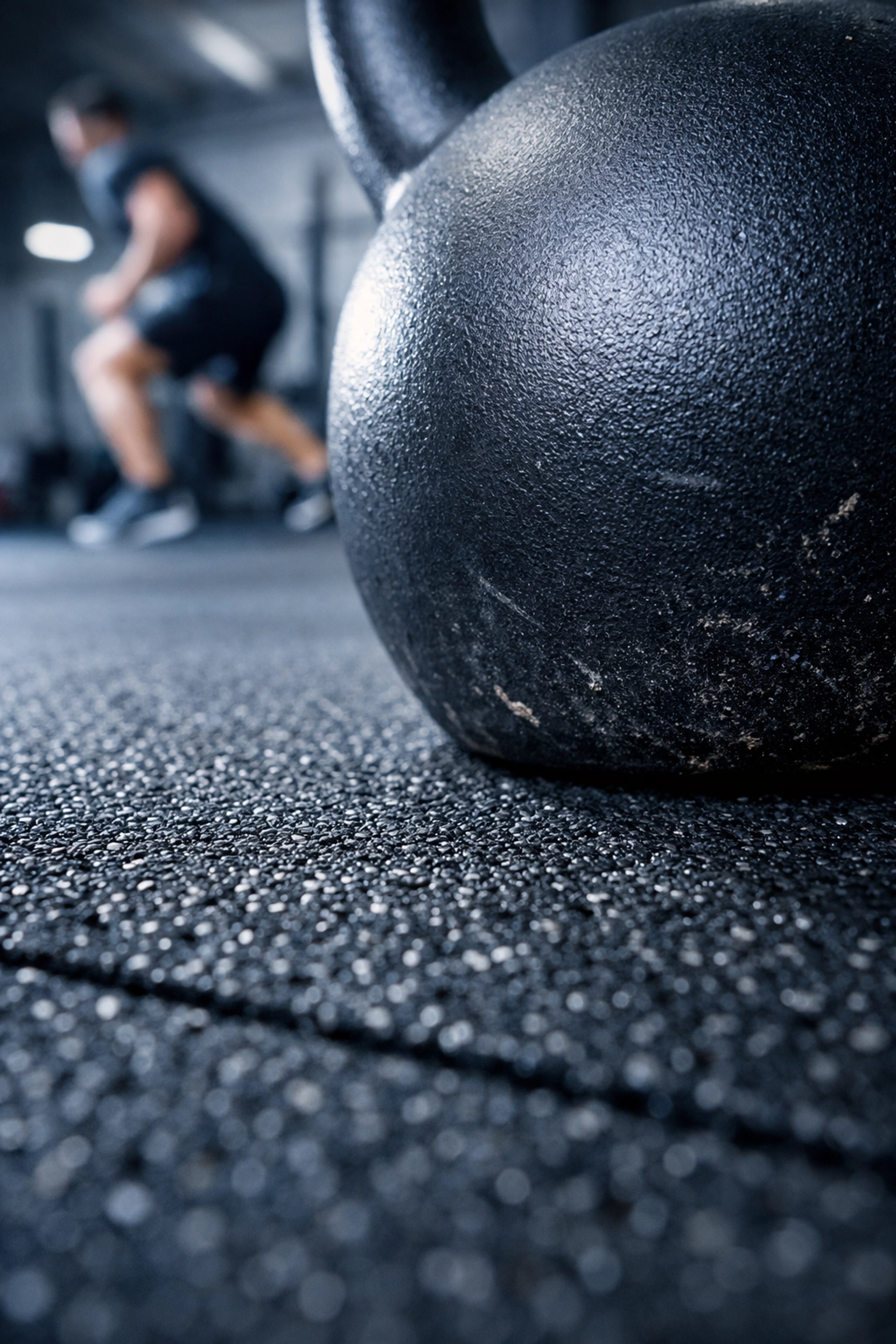 Durable rubber flooring in a home gym providing stability for resistance training and kettlebell workouts.
