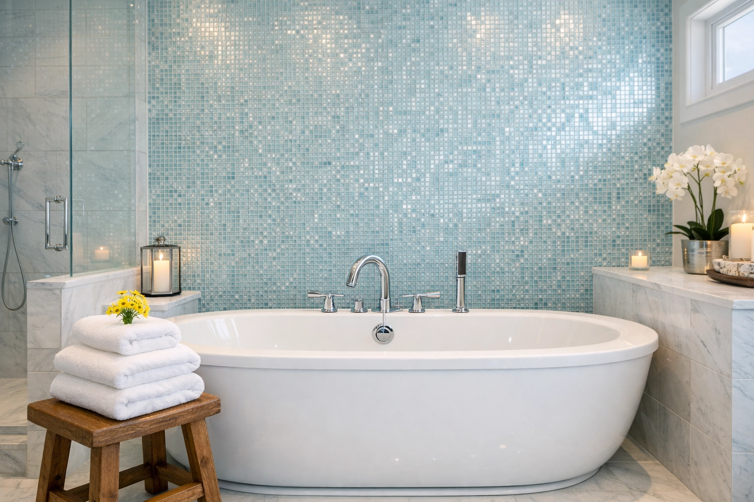 Spotless luxury master bathroom cleaned with eco-friendly residential cleaning services.