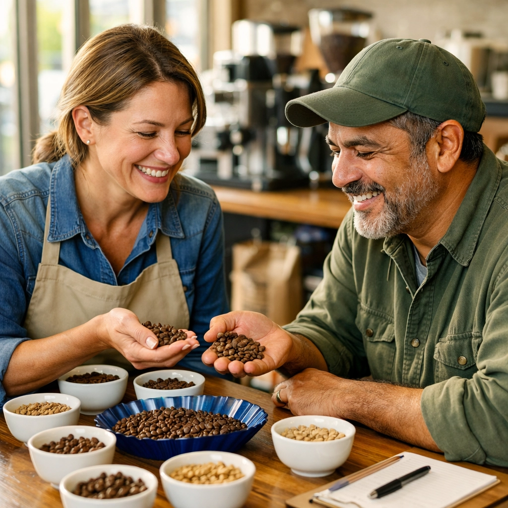 Café owner and coffee supplier discussing bean samples during partnership meeting