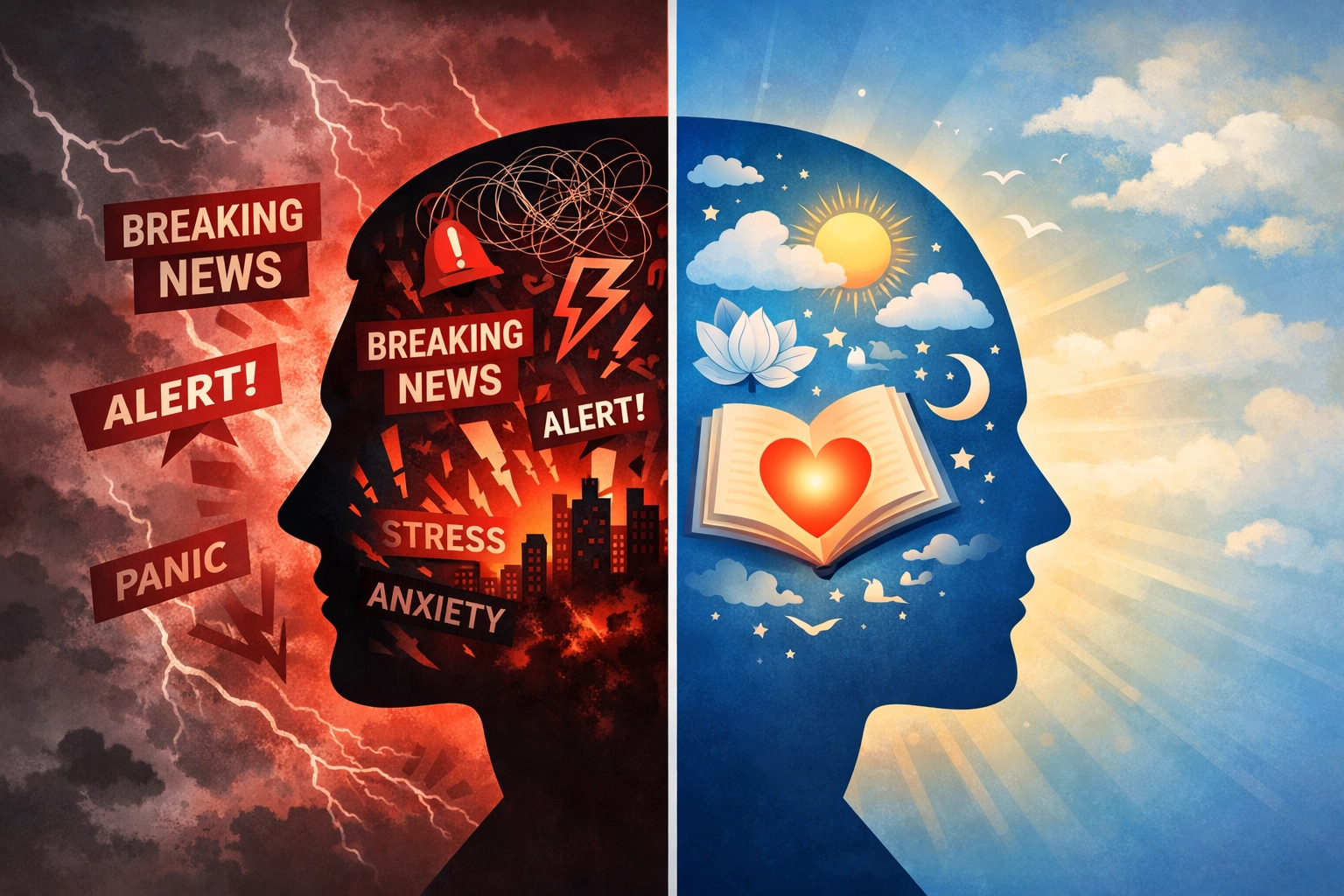 Split comparison showing transformation from anxious news consumption to peaceful biblical perspective