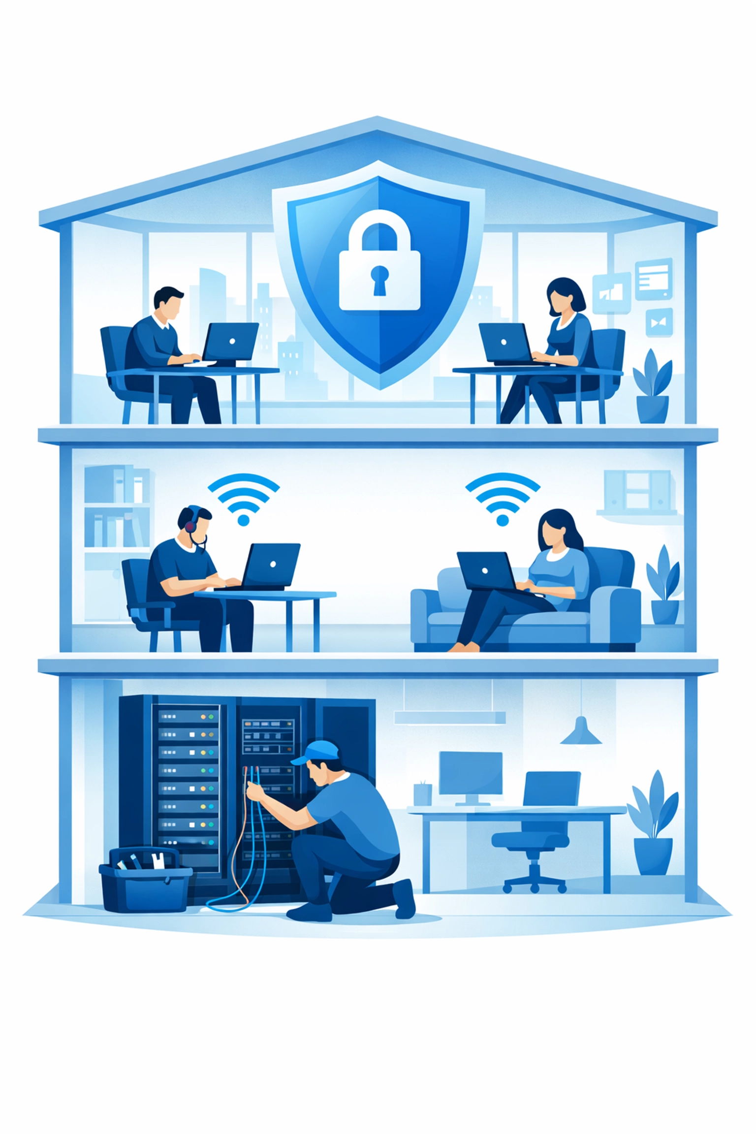 Multi-level office illustration depicting onsite, remote, and managed IT support services