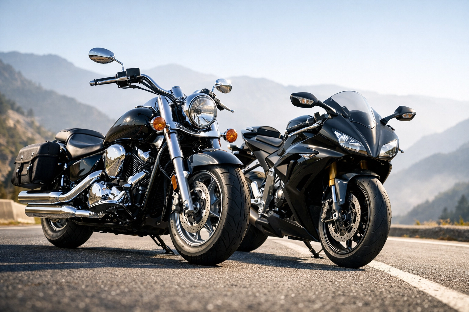 Cruiser and sportbike motorcycles parked on a mountain road, representing industry-wide safety collaboration.