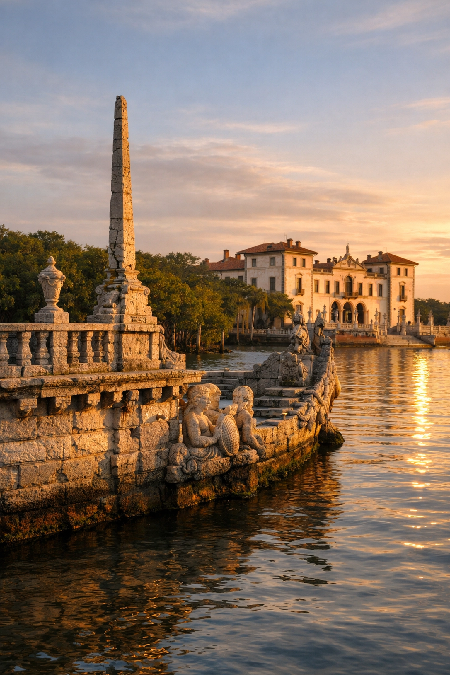The stone barge at Vizcaya Museum and Gardens, one of the best photography spots in miami.