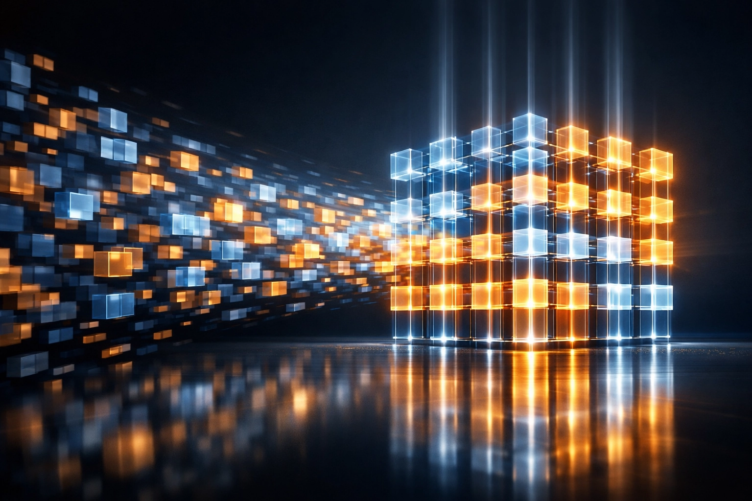 Digital data blocks organizing into a crystal lattice representing 100% population testing in AI auditing.