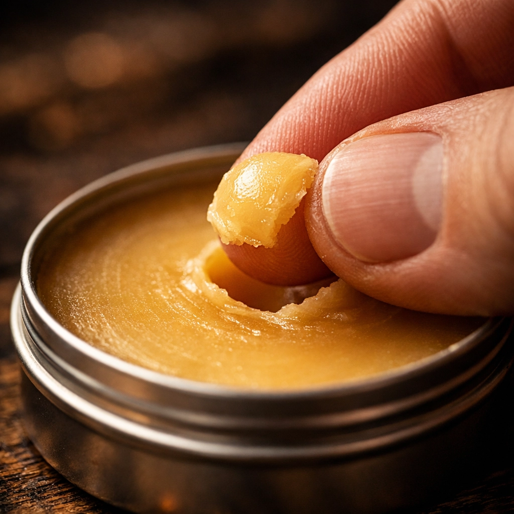 A finger scooping a pea-sized amount of premium natural beard wax from a metal tin.