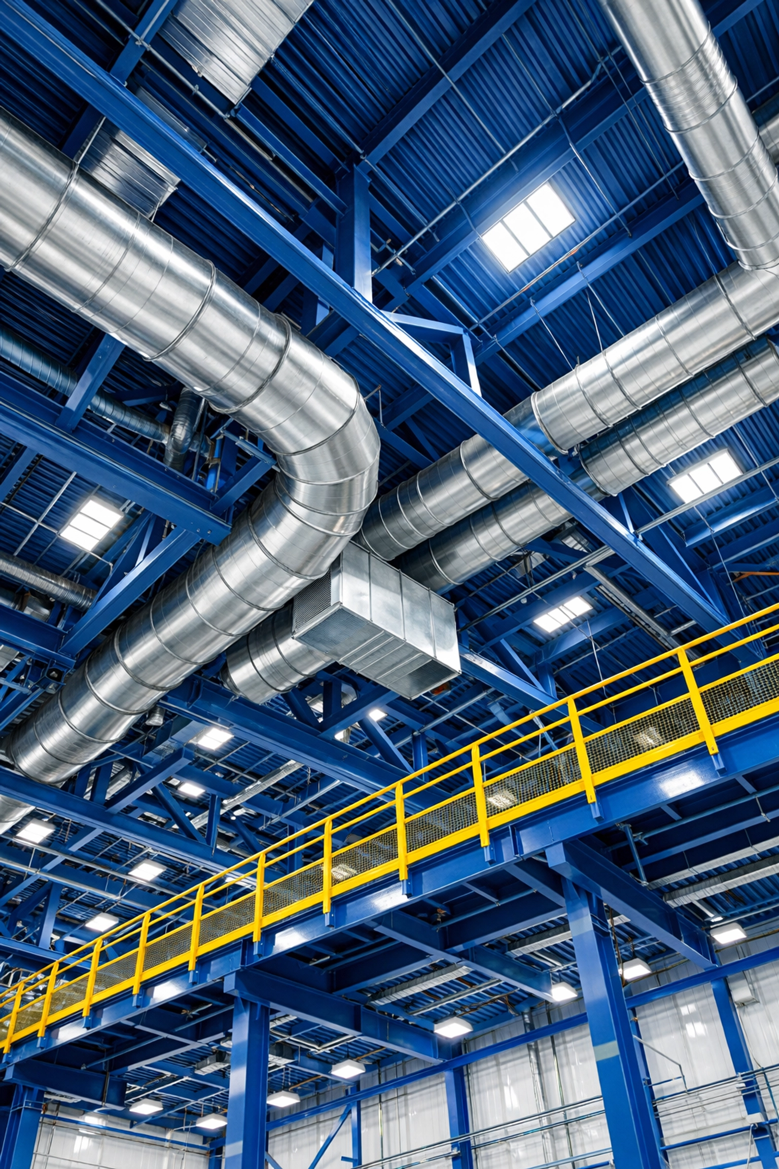 Dust-free industrial rafters and clean ductwork in a Fitchburg manufacturing facility.