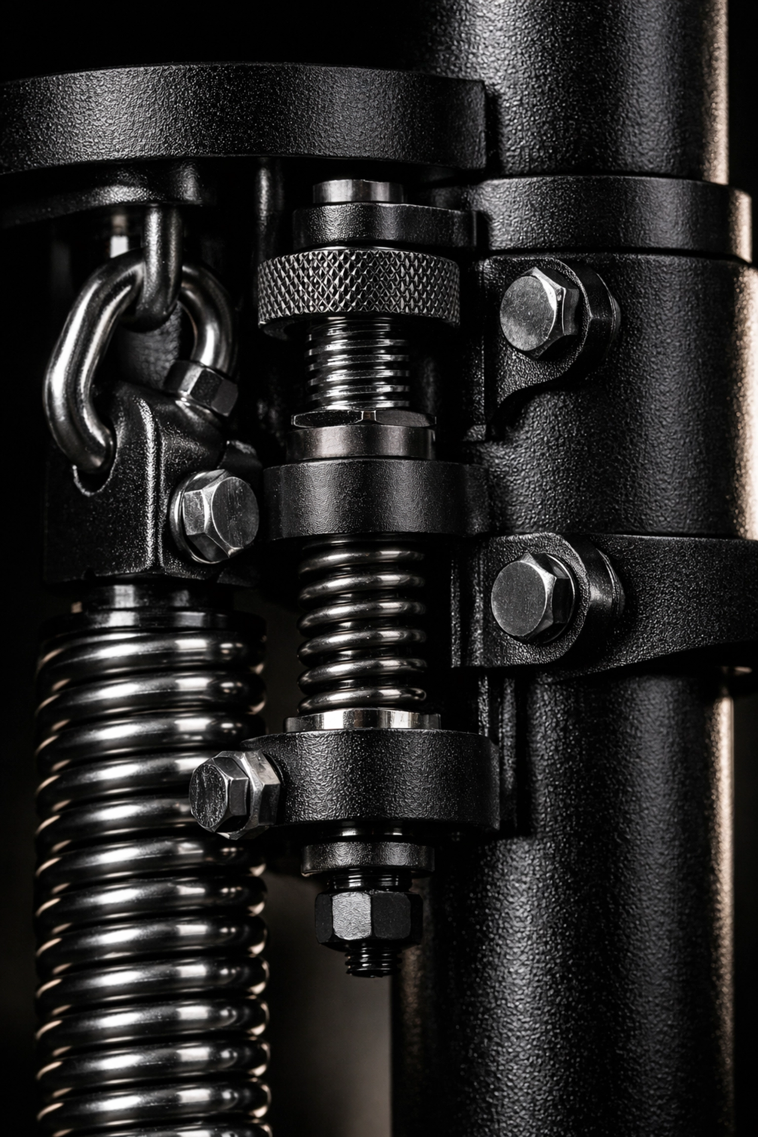 Close-up of tension mechanism on no wall damage workout system showing steel components