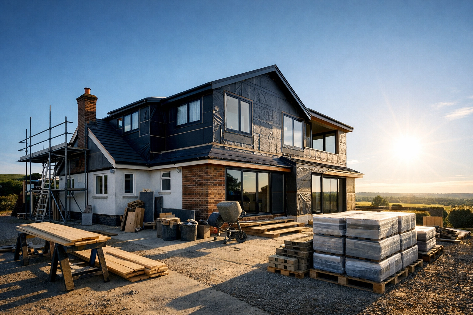 Mid-construction bungalow roof lift in West Sussex featuring a weather-tight modern timber-frame structure.