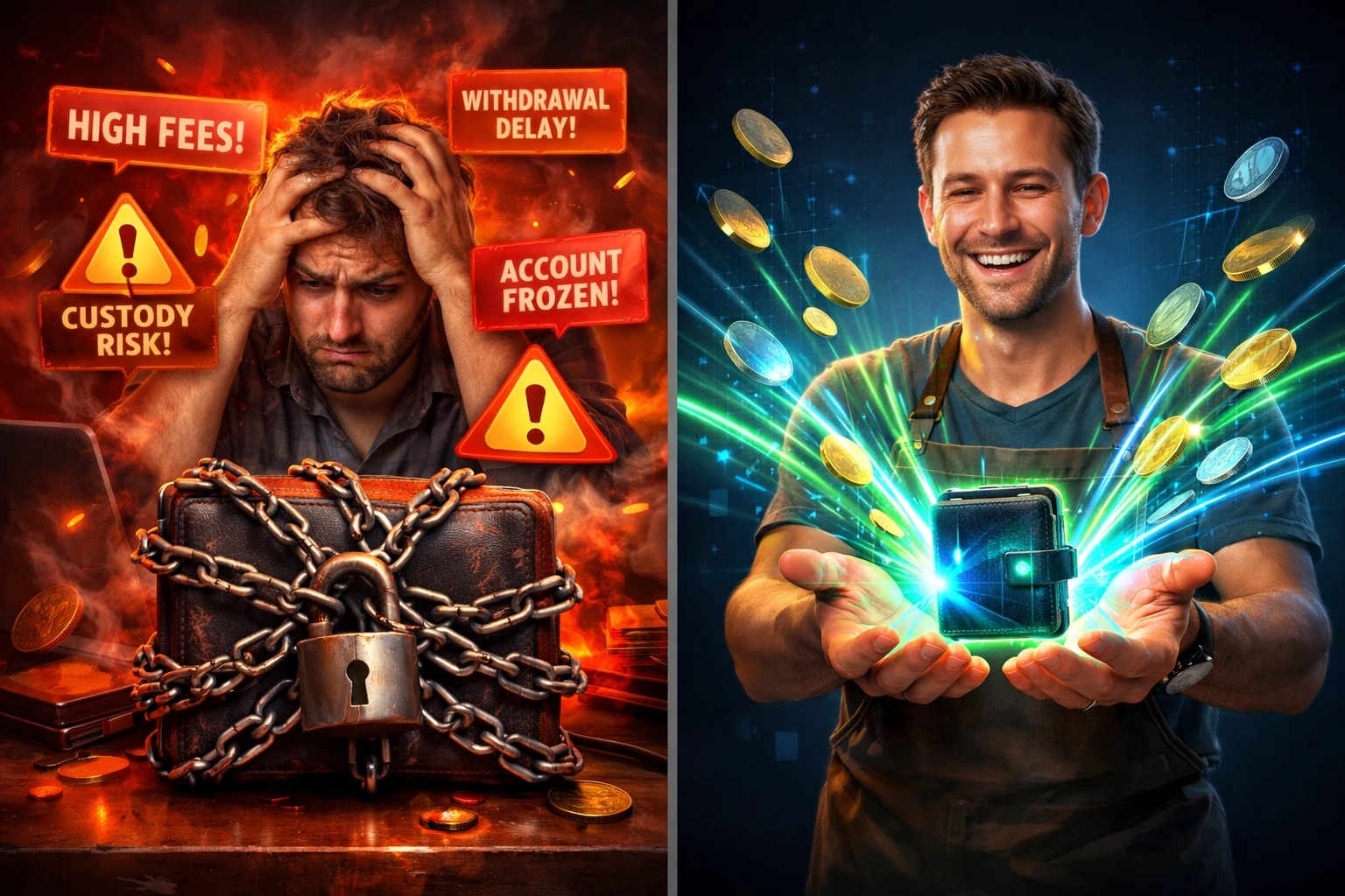 Self-custody crypto wallet vs custodial payment processor comparison showing merchant freedom