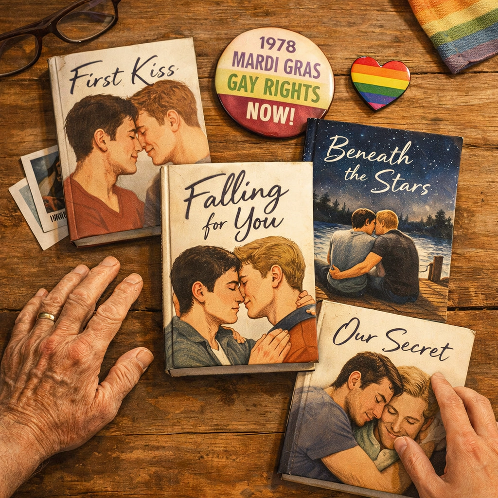 MM romance books with vintage Mardi Gras badges and pride pins from two generations
