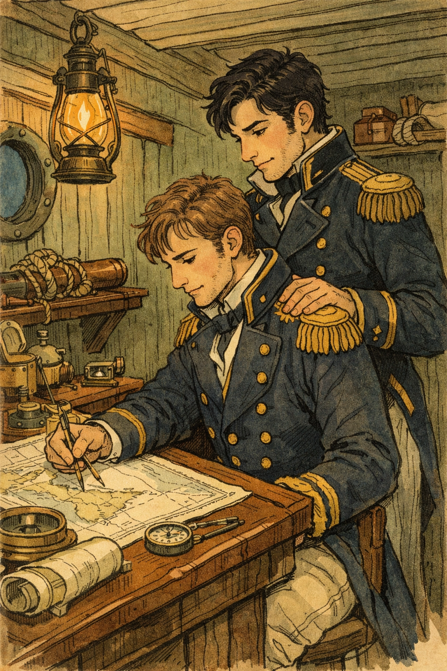 Secret romance between naval officers in 1800s ship cabin - historical MM fiction