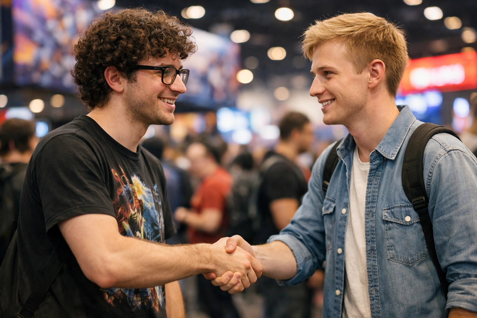 Two men meeting for the first time at a gaming convention after connecting online