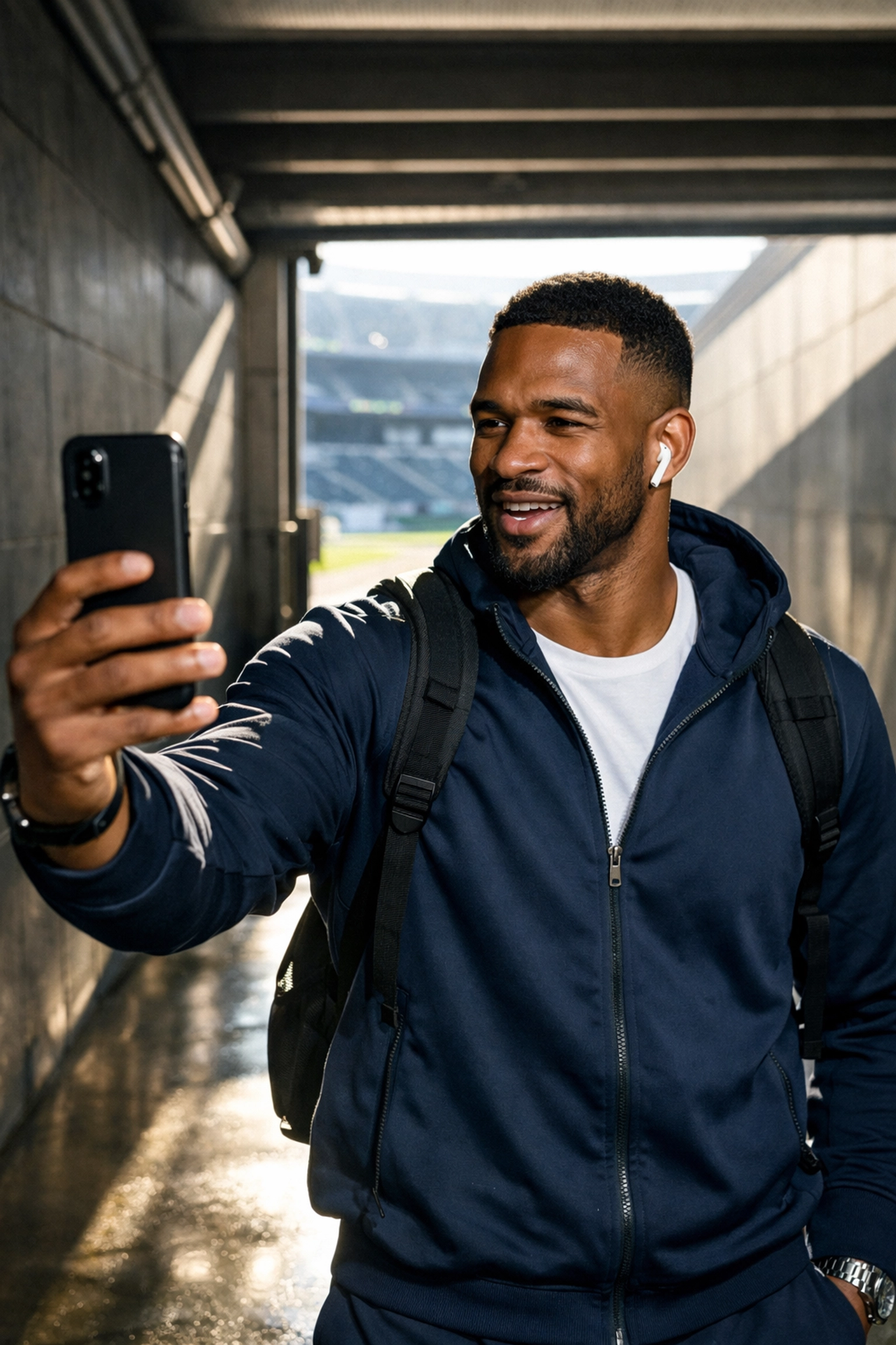 Professional athlete recording NIL social media content in a stadium tunnel for Super Bowl brand engagement.