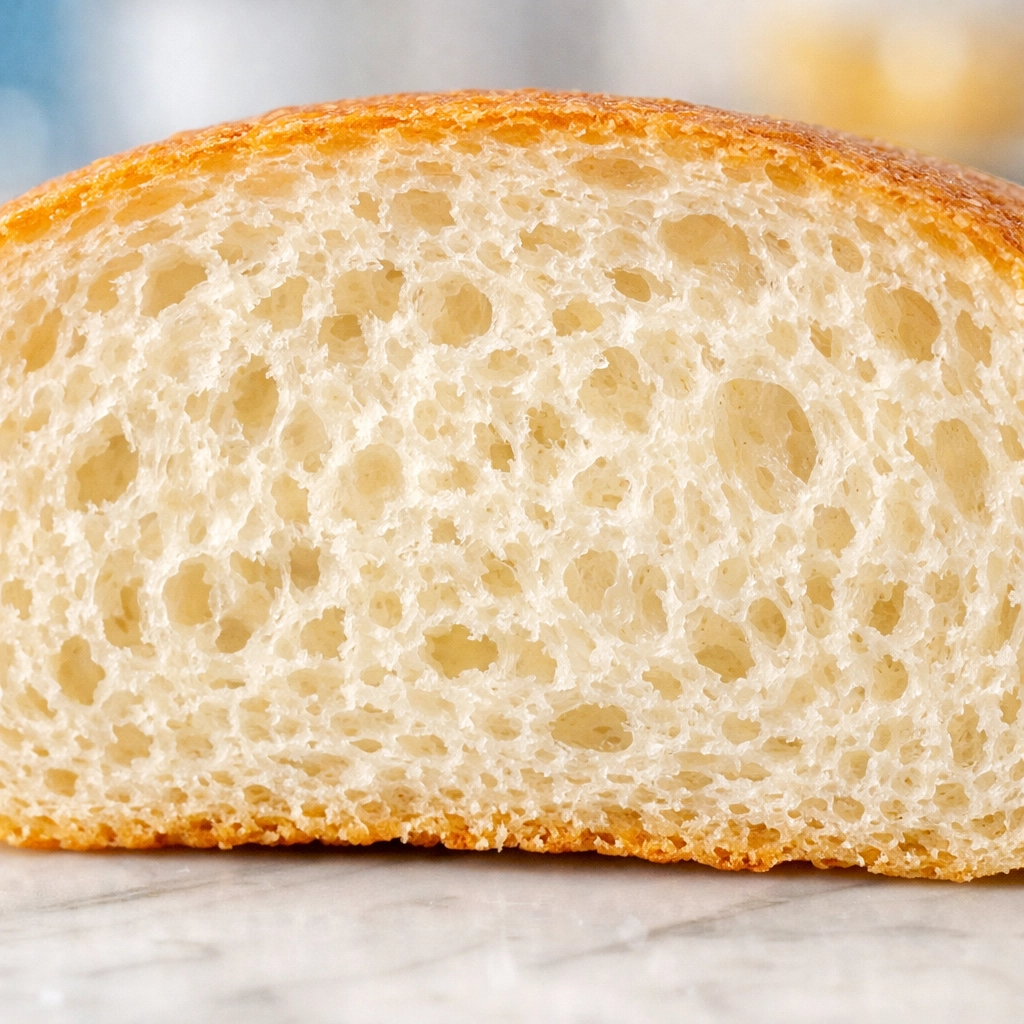 Close-up of a soft white bread slice showing the porous texture used to pick up tiny glass shards.
