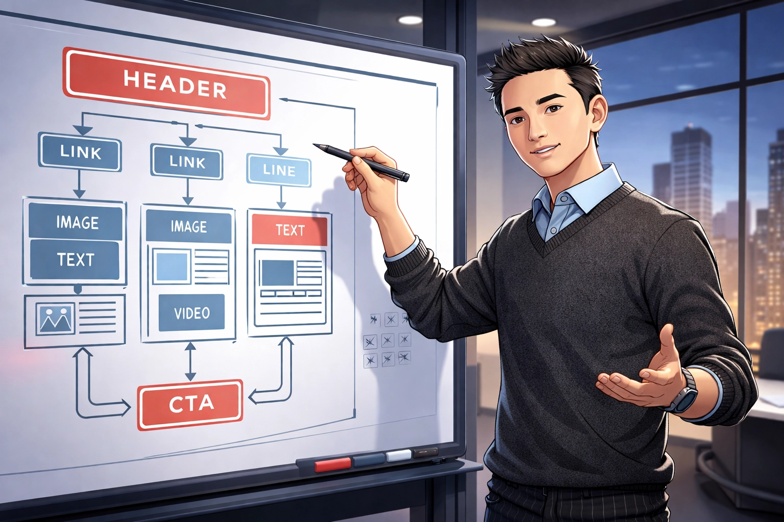 Simon Leung explaining website structure and on-page SEO elements on a digital whiteboard during an optimization session
