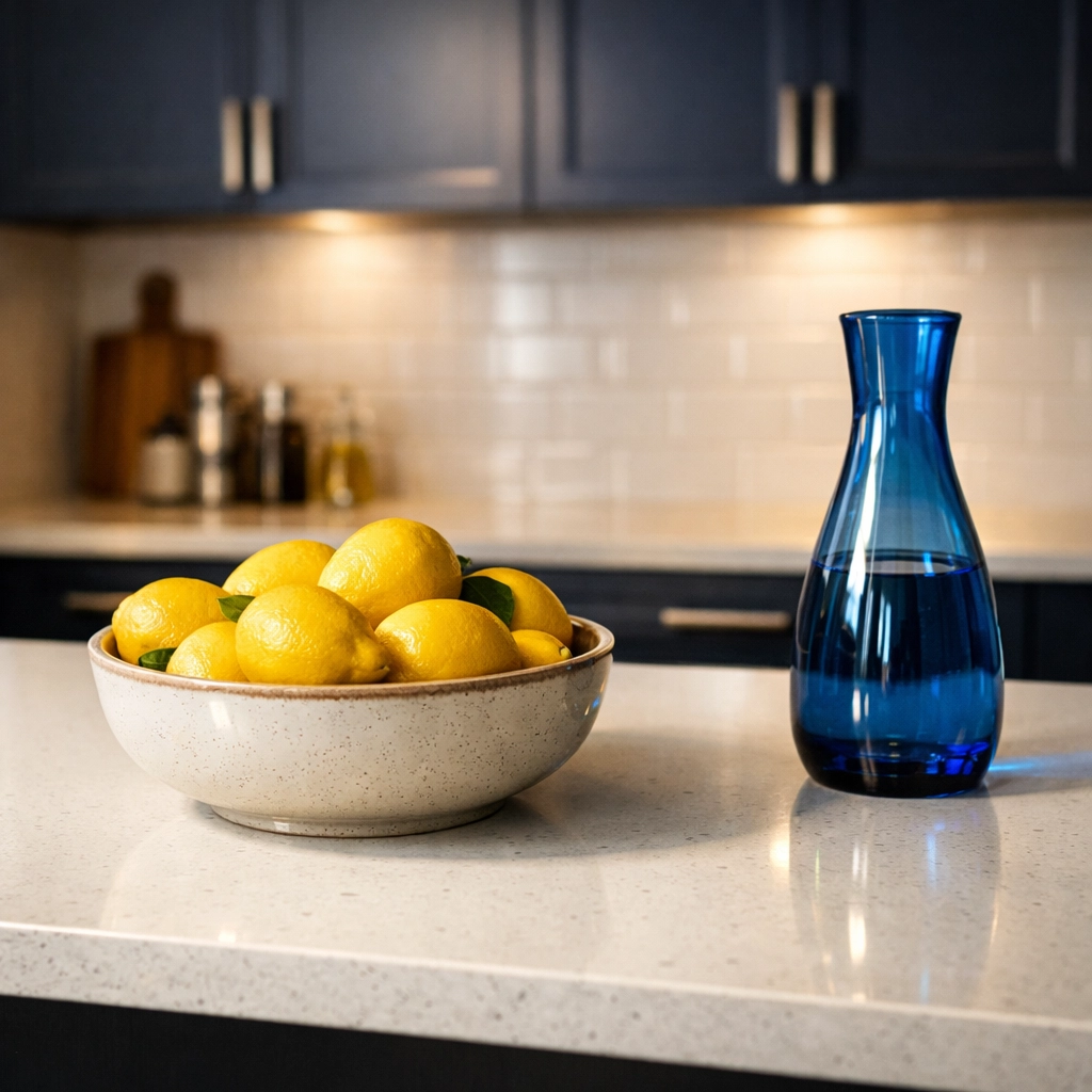 Sanitized white quartz kitchen island and streak-free surfaces in a clean Leominster home.