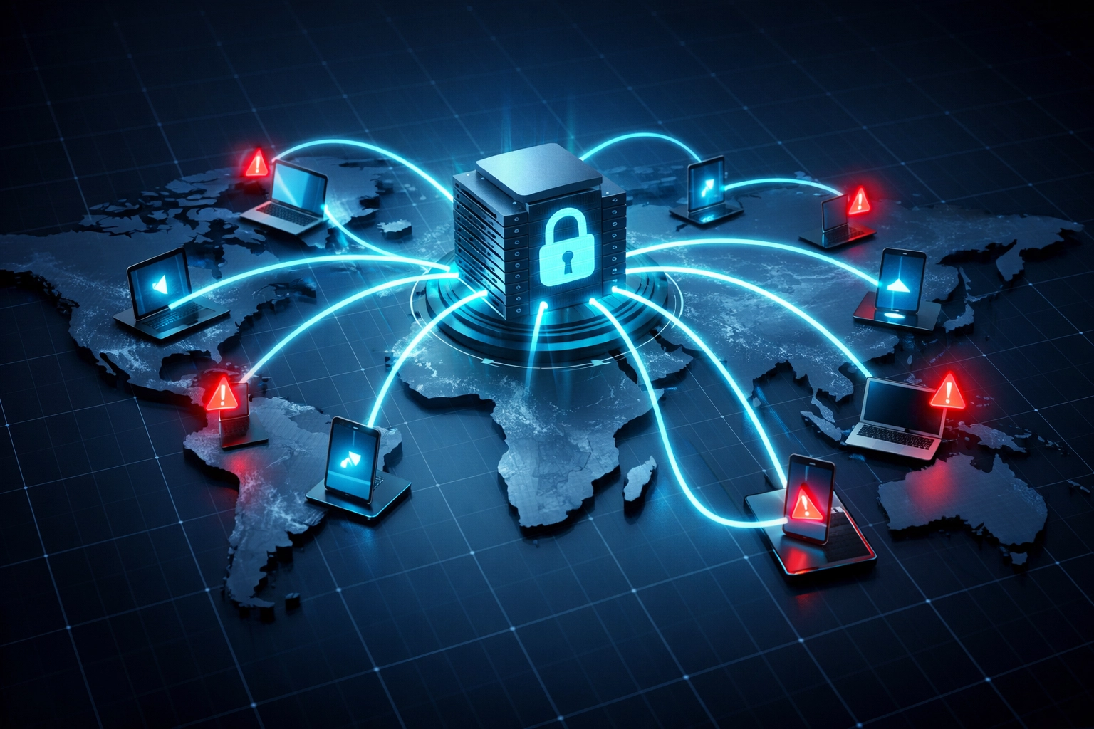 Remote workforce network showing VPN connections and ransomware vulnerability points