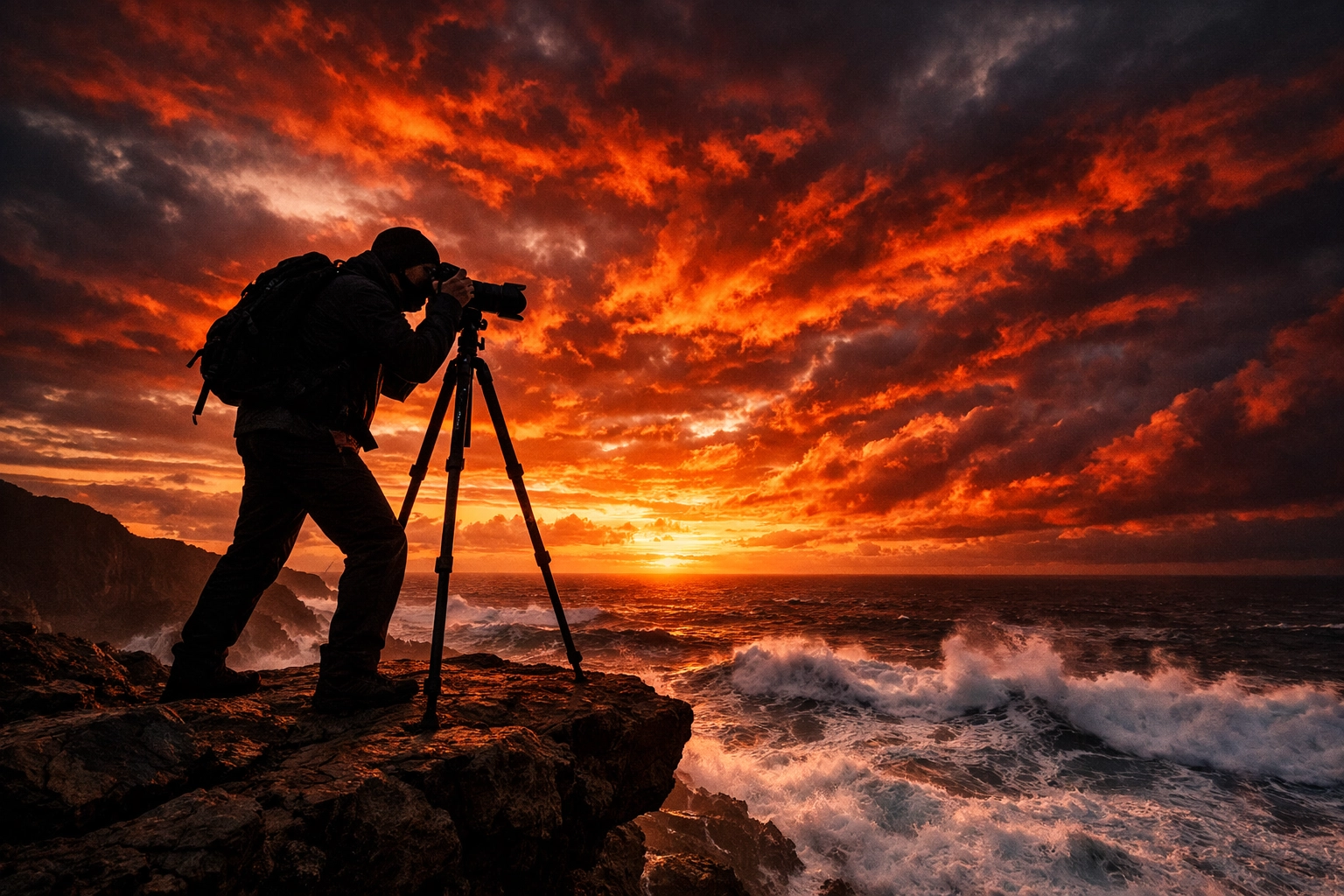 Professional photographer using a tripod at sunset for a landscape shoot in photography tutorials.