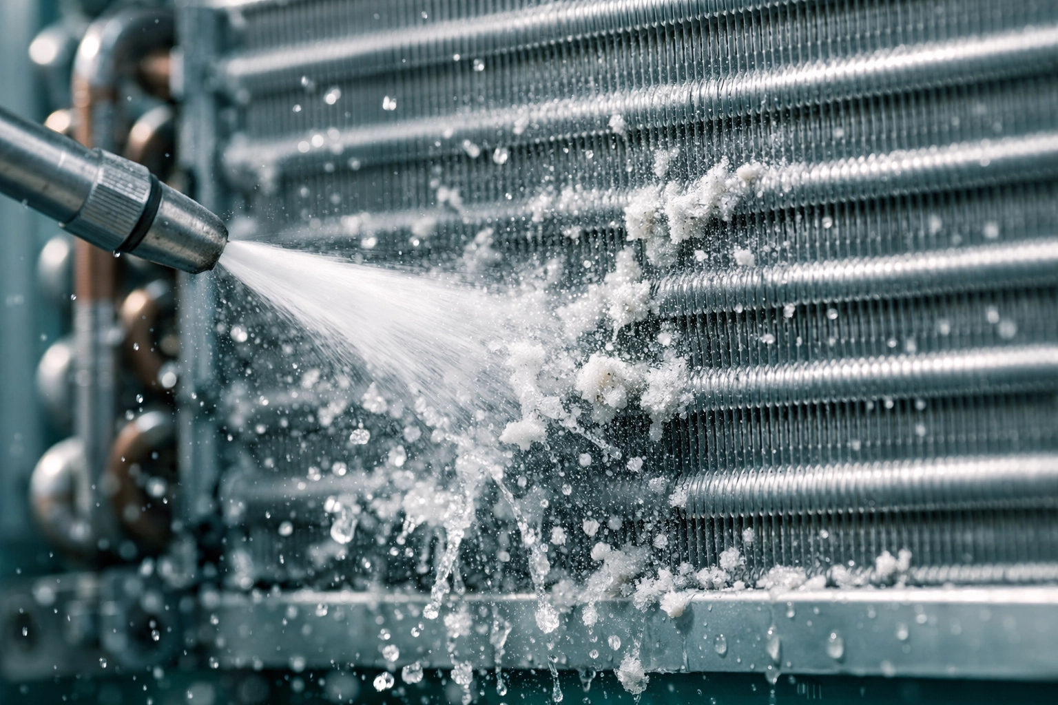 High-pressure hydro jet coil cleaning removing debris from HVAC system in Hawaii