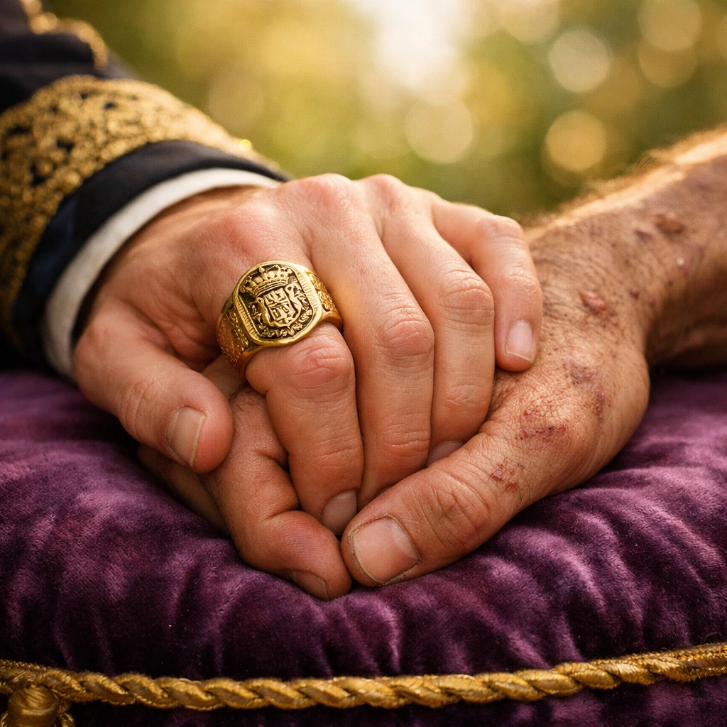Close-up of a royal and a warrior with intertwined hands resting on a purple velvet cushion.