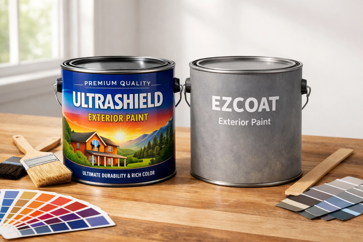 Premium versus budget exterior paint comparison showing quality difference