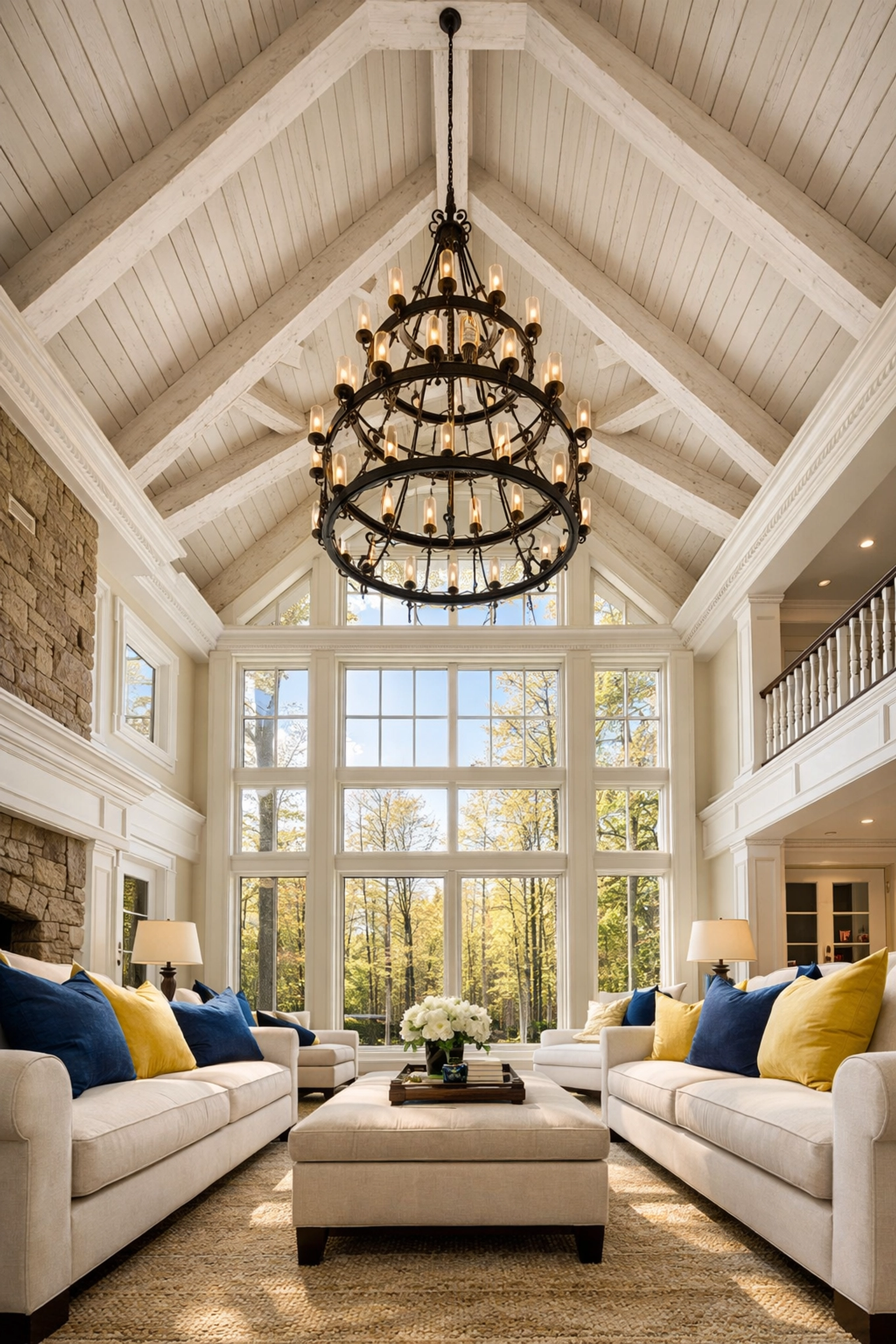 Clean high-vaulted ceilings and wooden beams in a luxury Dover MA woodland manor.