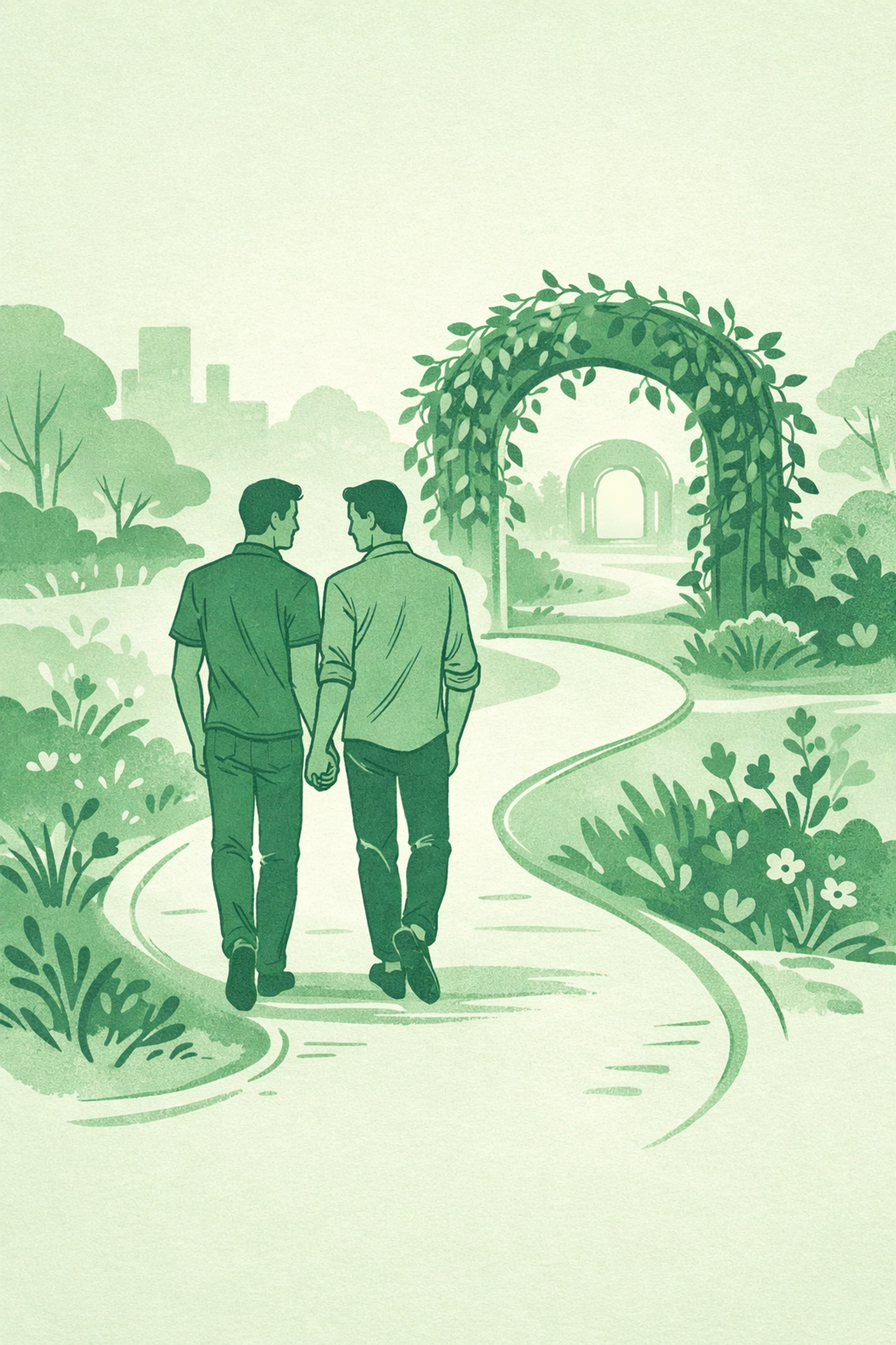 Minimalist drawing of two men walking toward an archway, symbolizing the path to an affirming LGBTQ+ community.
