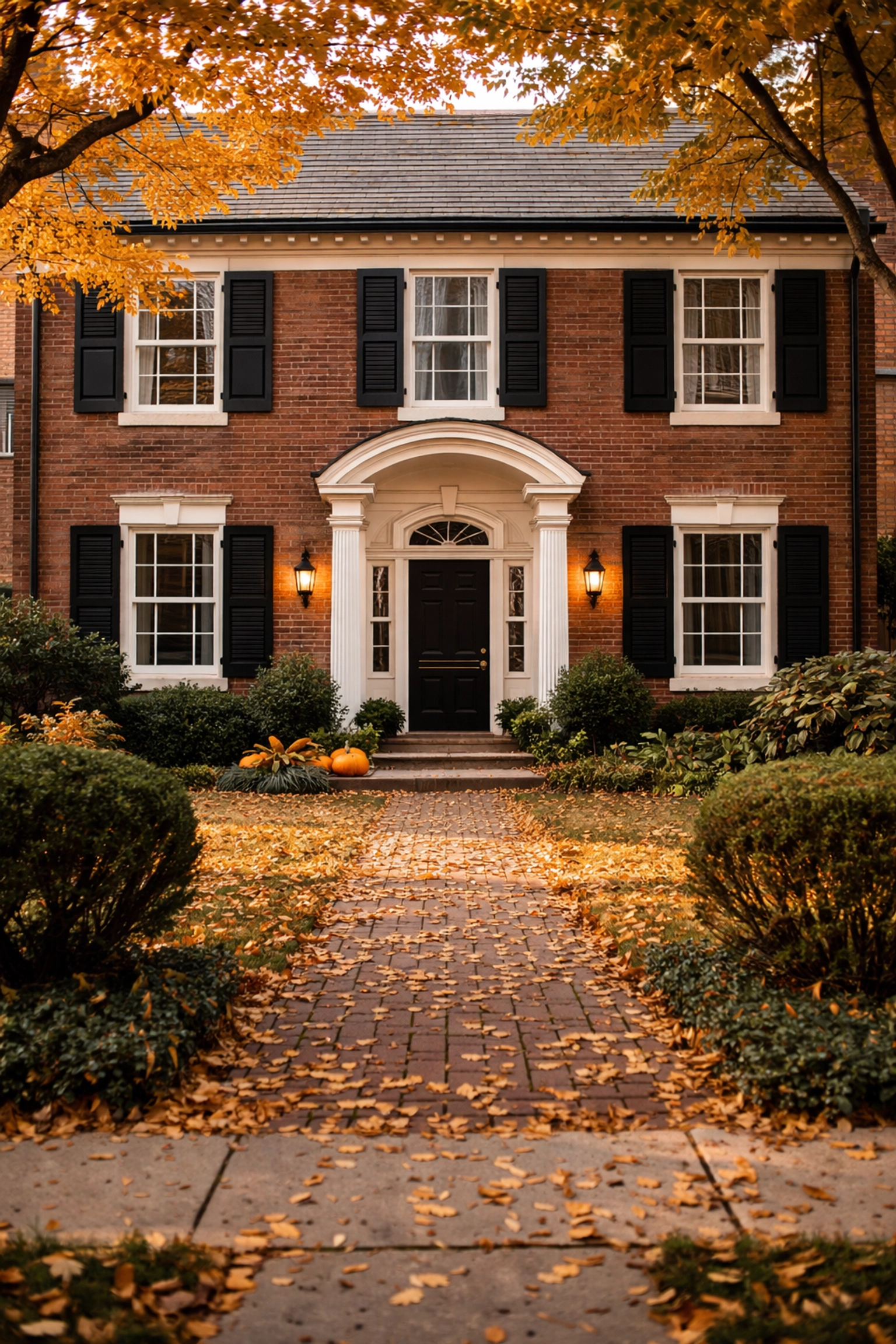 Stately brick Bexley home exterior with mature landscaping and autumn walkway, representing the transition during downsizing services.