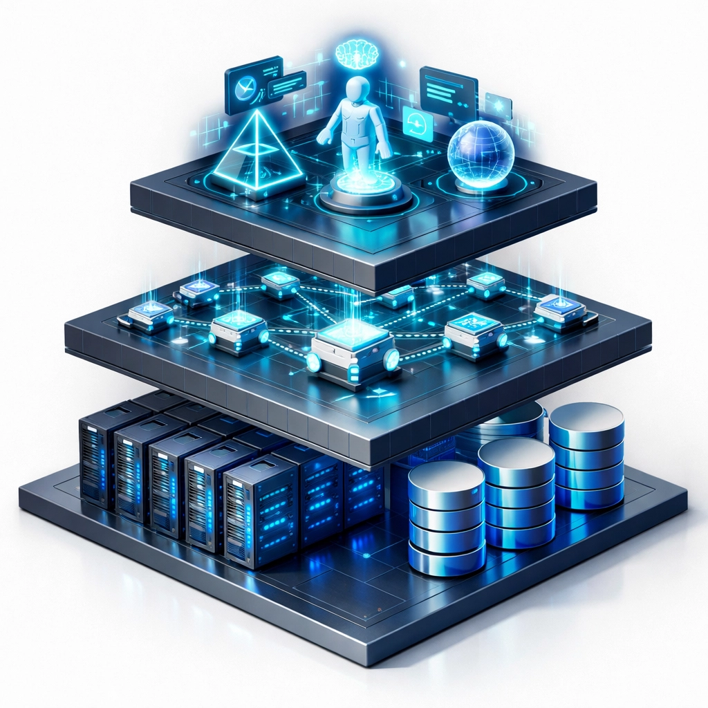 Three-tier architecture showing AI integration with ServiceNow ITOM and ITAM systems