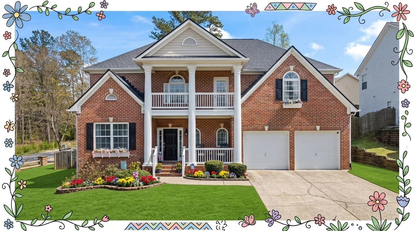 A traditional brick family home in Mableton with a manicured lawn and hand-drawn frame accents