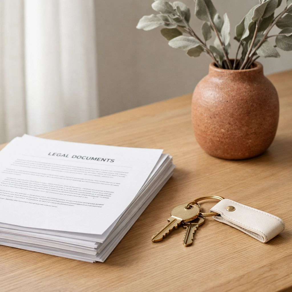 Legal documents and keys on a desk showing filing for a protective order in a Virginia divorce case.