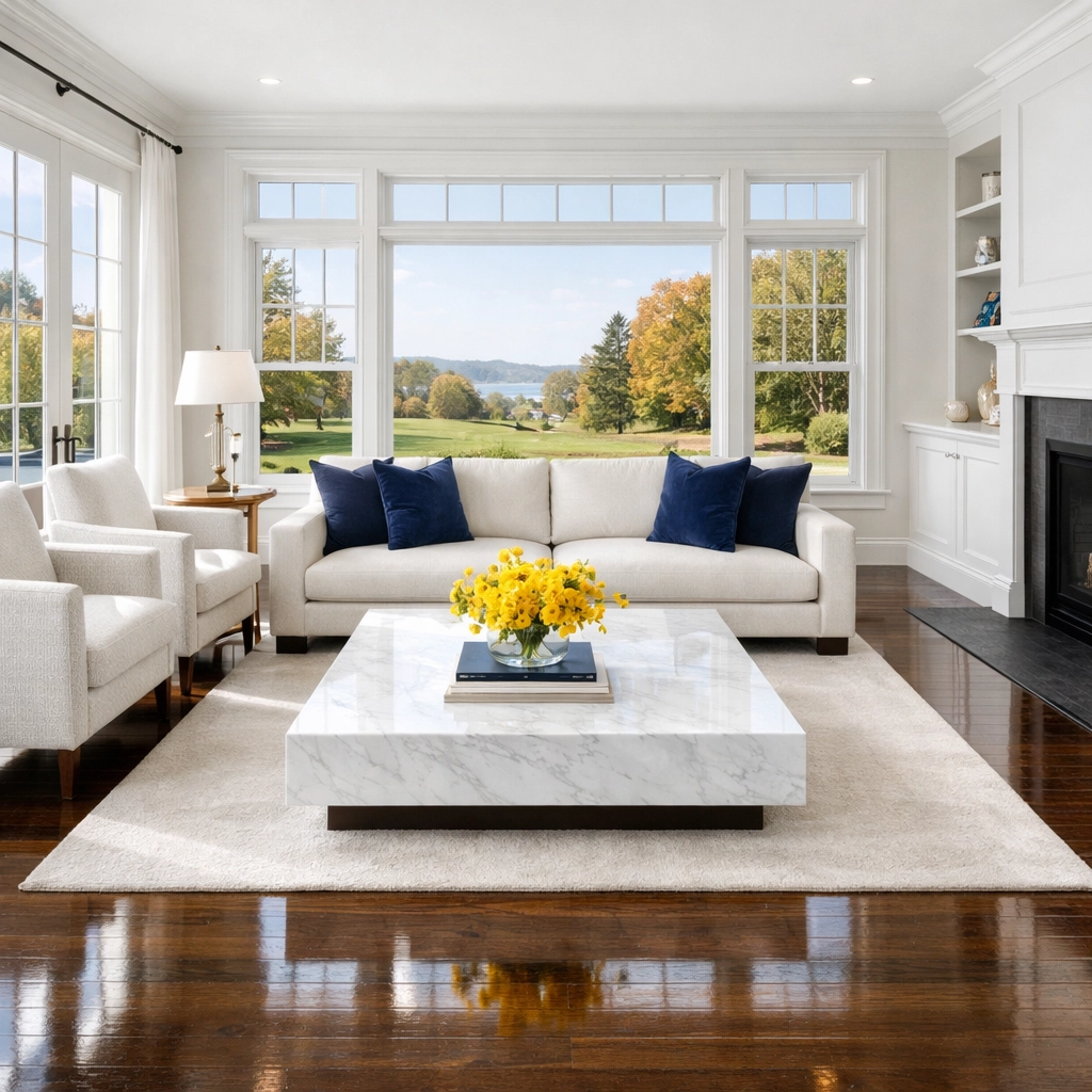 Luxury Massachusetts living room after professional deep cleaning services for a total ninja home reset.