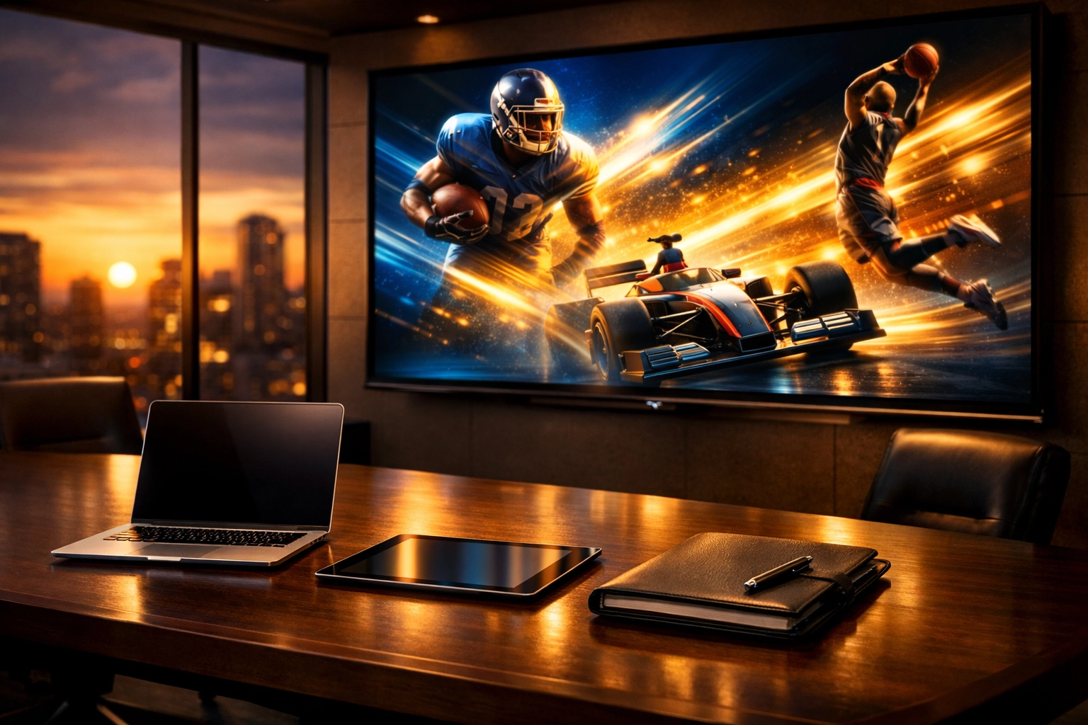 High-end corporate strategy room with a city skyline view, focusing on Super Bowl sports marketing campaign planning.