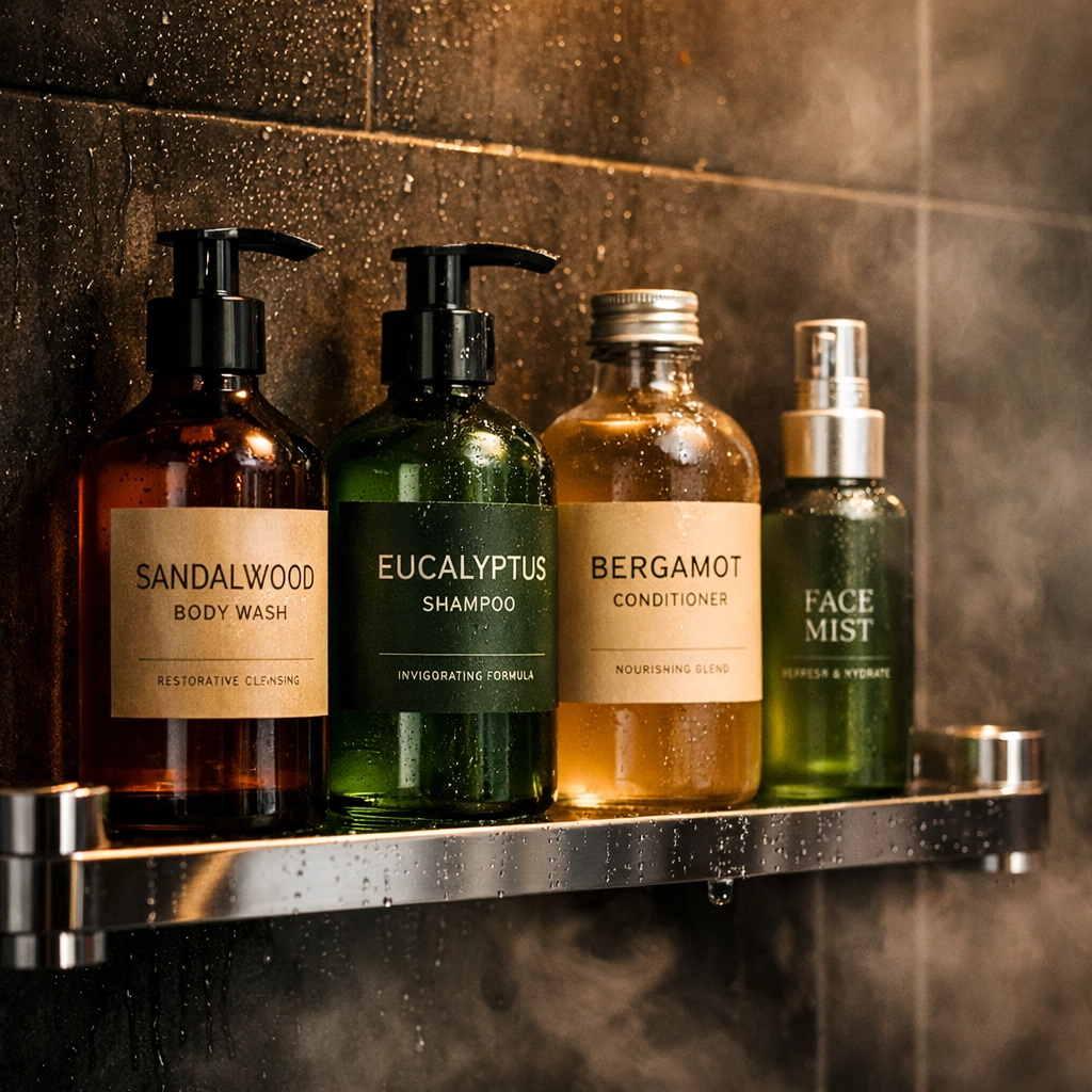 Premium grooming products on shelf in luxury gym locker room shower